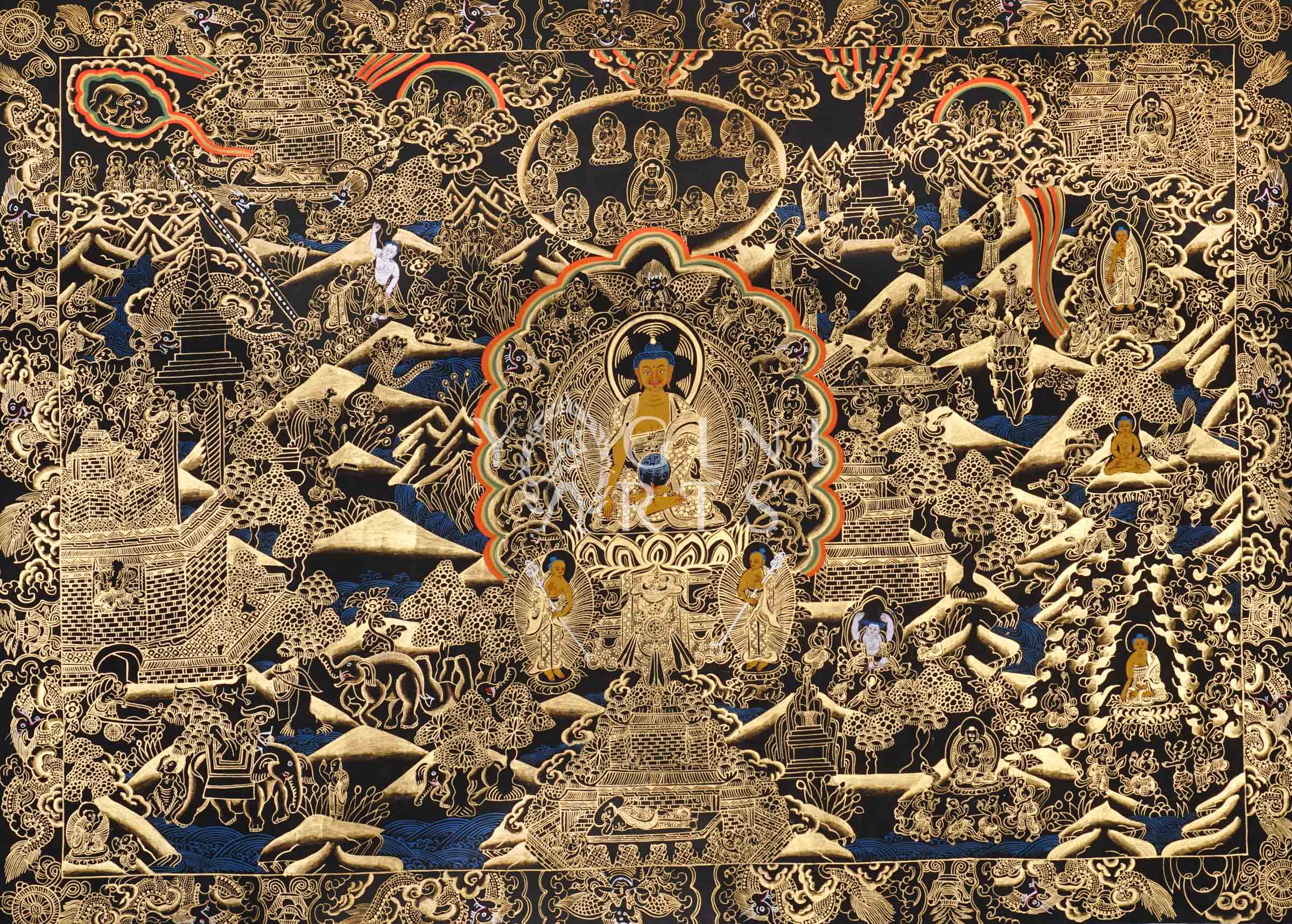 Black and Gold Buddha Life thangka featuring the historical Buddha surrounded by intricate narrative scenes, stupas, sacred landscapes, and celestial Buddhist imagery