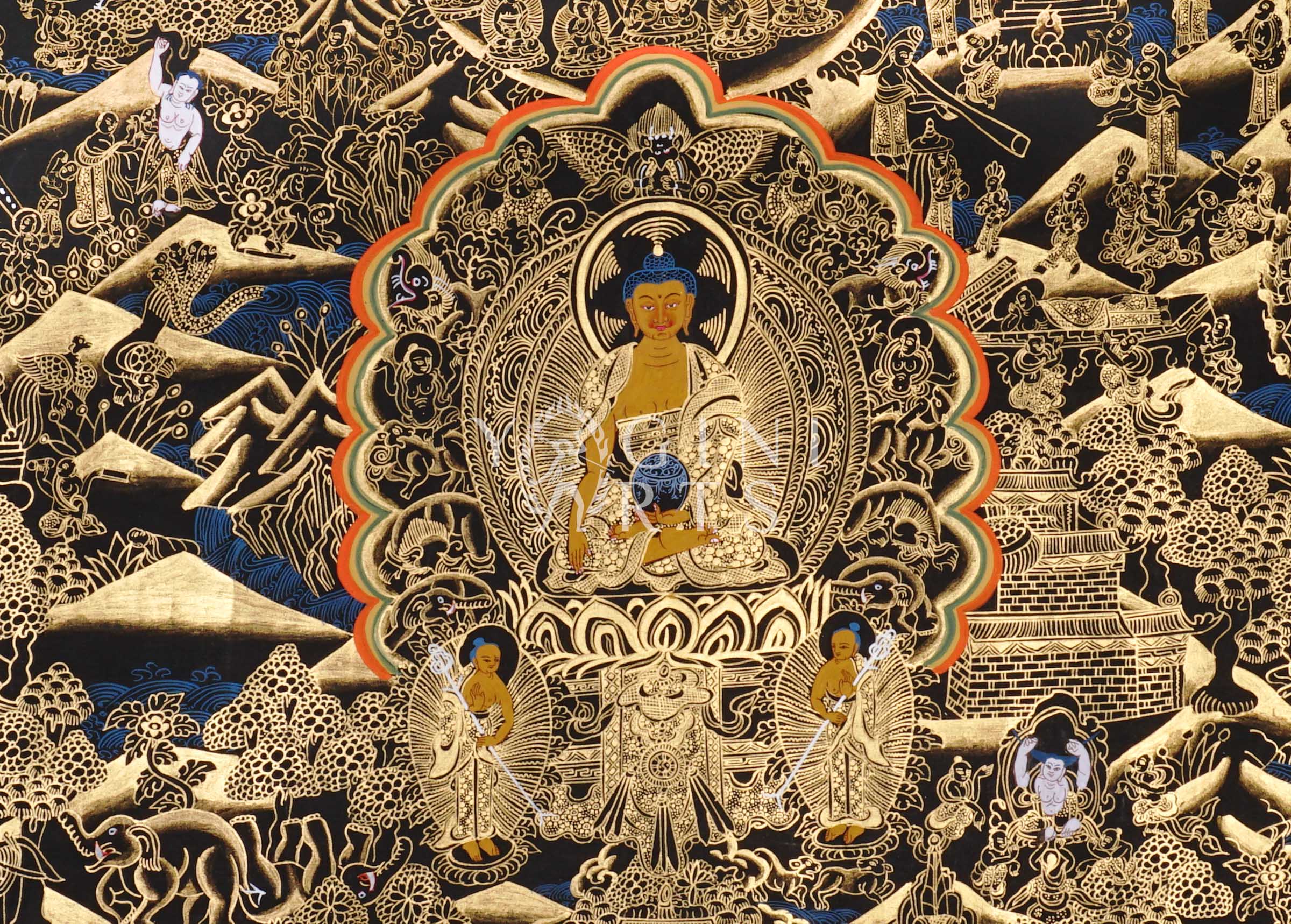 Black and Gold Buddha Life thangka featuring the historical Buddha surrounded by intricate narrative scenes, stupas, sacred landscapes, and celestial Buddhist imagery