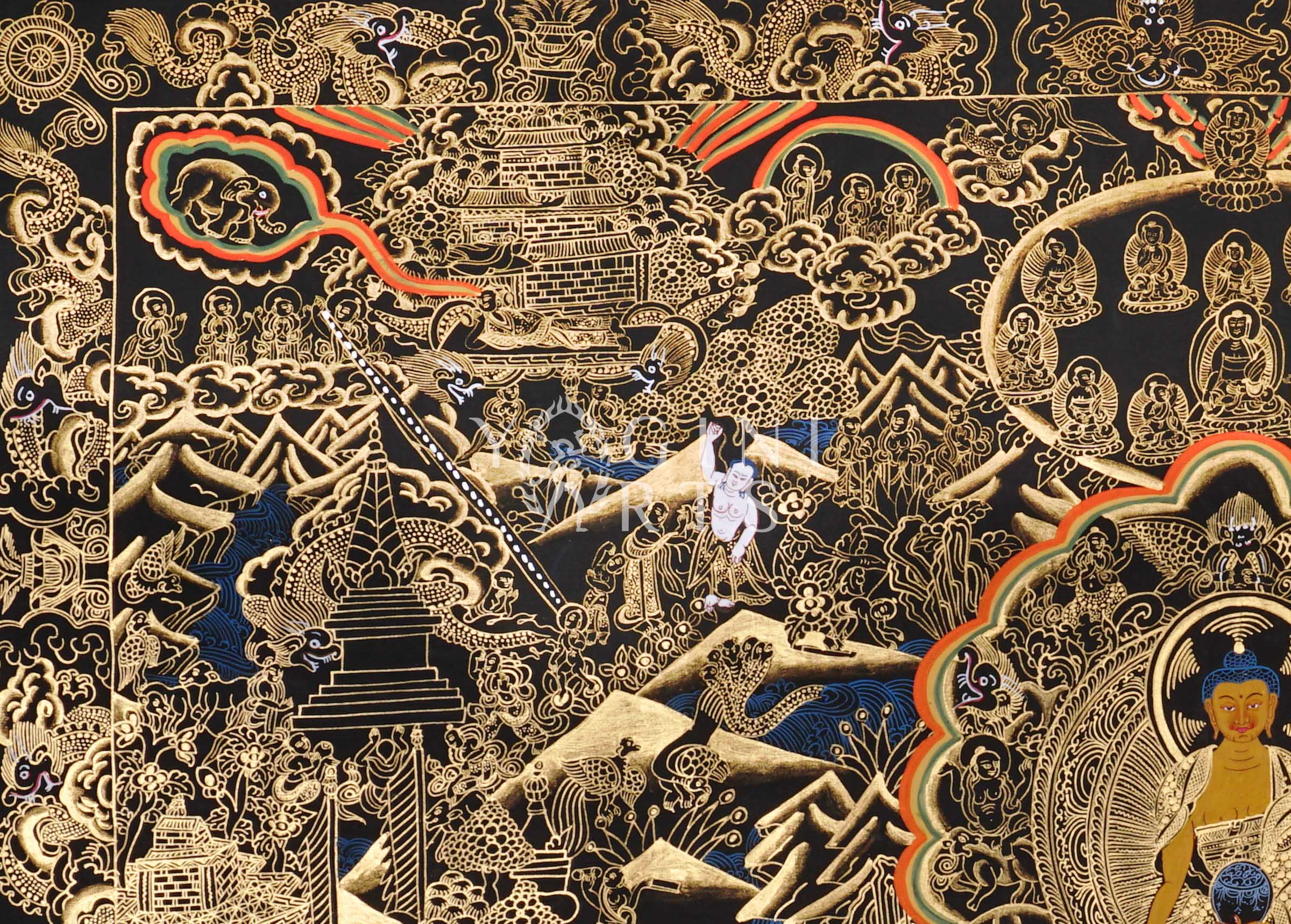 Black and Gold Buddha Life thangka featuring the historical Buddha surrounded by intricate narrative scenes, stupas, sacred landscapes, and celestial Buddhist imagery