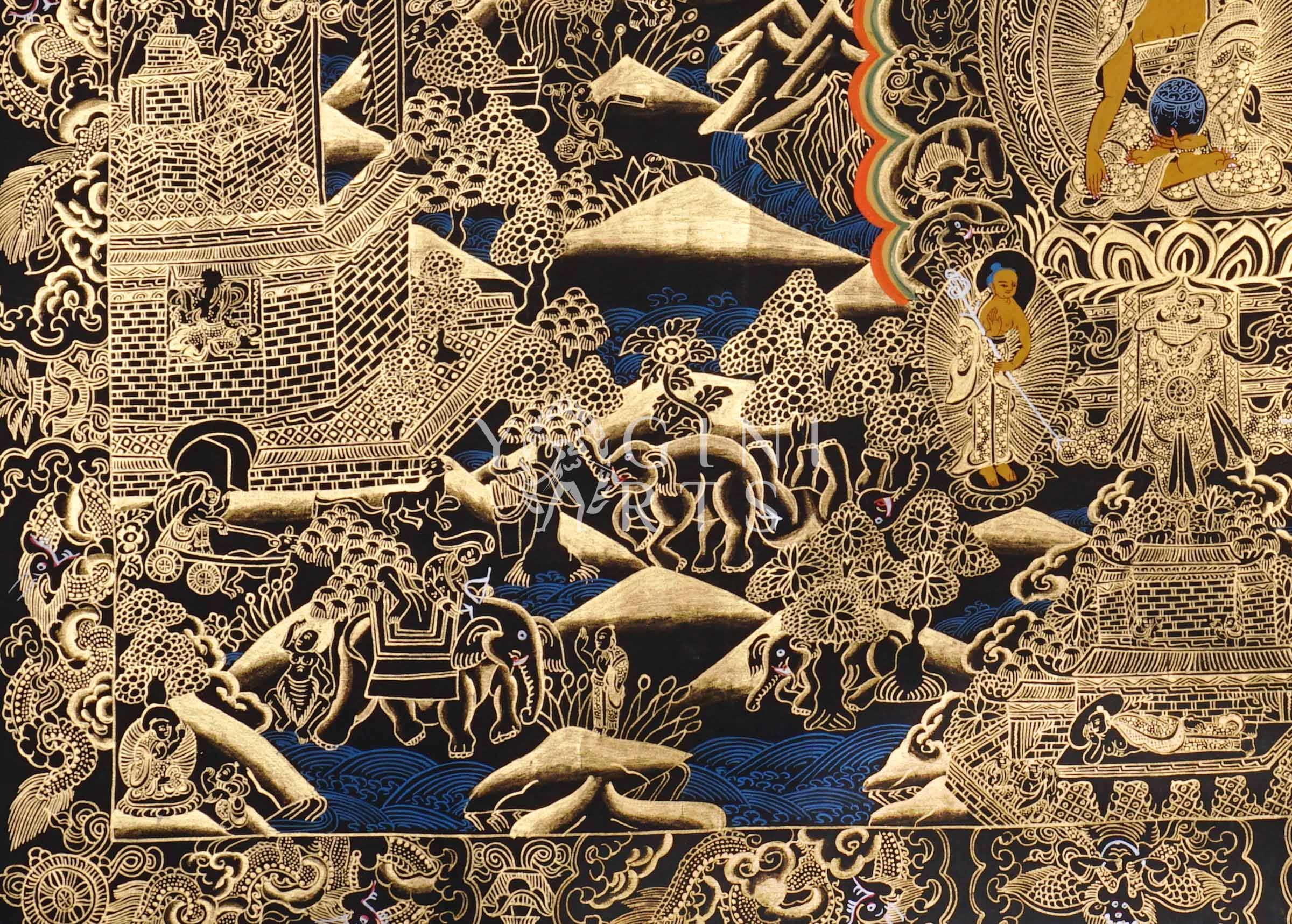 Black and Gold Buddha Life thangka featuring the historical Buddha surrounded by intricate narrative scenes, stupas, sacred landscapes, and celestial Buddhist imagery