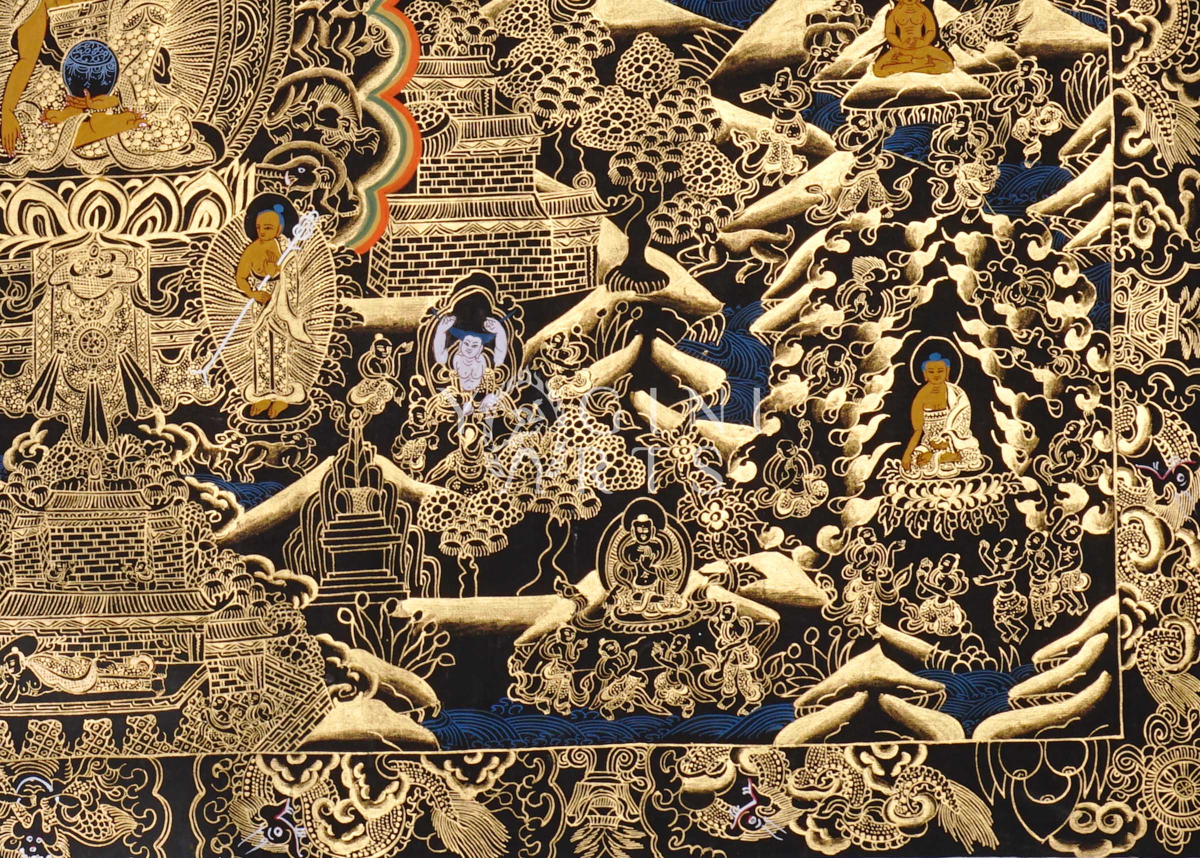 Black and Gold Buddha Life thangka featuring the historical Buddha surrounded by intricate narrative scenes, stupas, sacred landscapes, and celestial Buddhist imagery