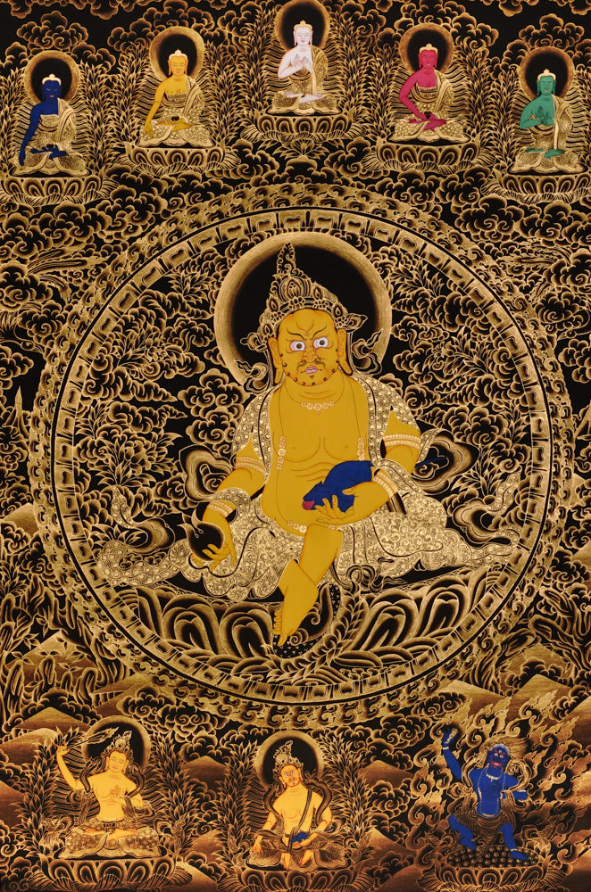 Hand-painted Yellow Dzambhala thangka in gold on black style showing Tibetan wealth deity holding mongoose and citron with Five Dhyani Buddhas above.