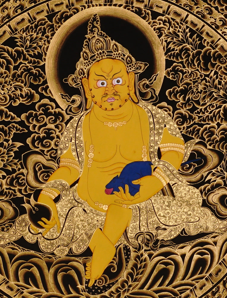 Hand-painted Yellow Dzambhala thangka in gold on black style showing Tibetan wealth deity holding mongoose and citron with Five Dhyani Buddhas above.