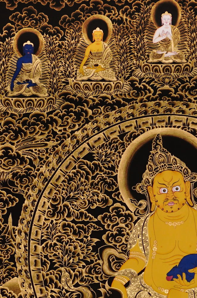 Hand-painted Yellow Dzambhala thangka in gold on black style showing Tibetan wealth deity holding mongoose and citron with Five Dhyani Buddhas above.