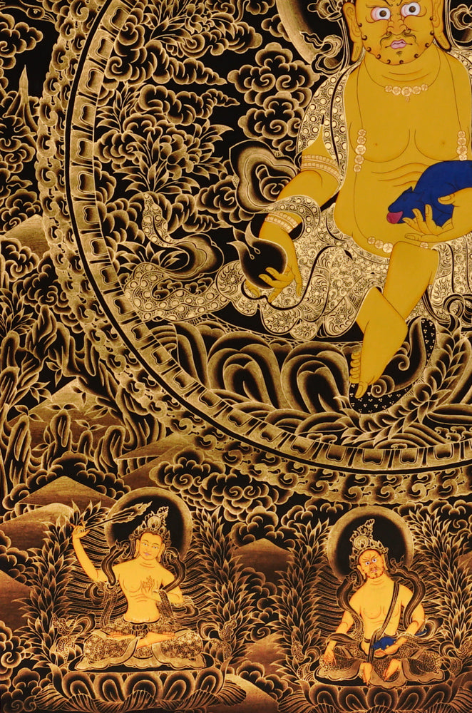 Hand-painted Yellow Dzambhala thangka in gold on black style showing Tibetan wealth deity holding mongoose and citron with Five Dhyani Buddhas above.