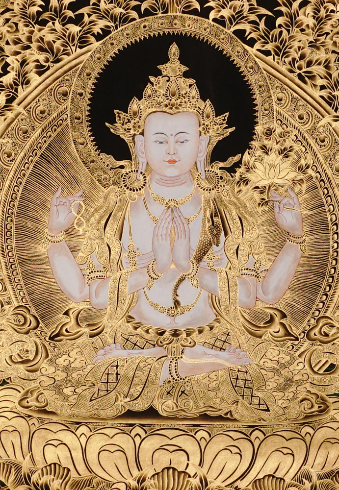 Hand-painted Chenrezig Avalokiteshvara thangka in gold on black style showing four-armed bodhisattva holding mala and lotus with Amitabha Buddha above.
