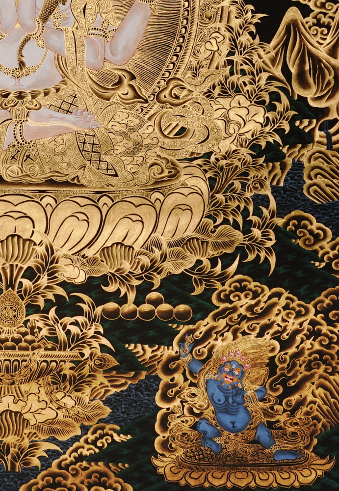 Hand-painted Chenrezig Avalokiteshvara thangka in gold on black style showing four-armed bodhisattva holding mala and lotus with Amitabha Buddha above.