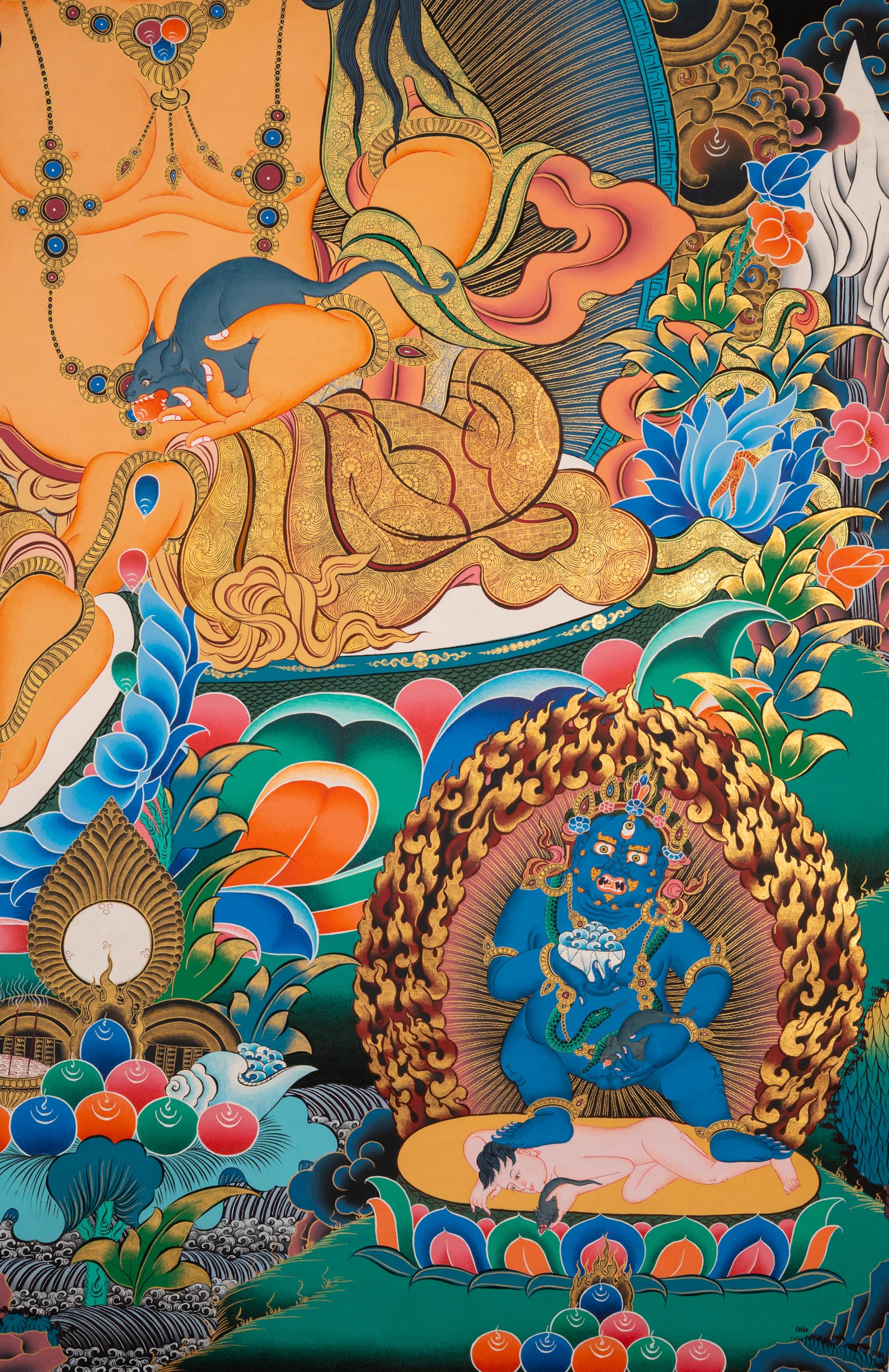Zambala thangka painting showing a golden seated figure with wide eyes and ornate jewelry, positioned on a lotus base, surrounded by floral patterns, clouds, and multiple smaller seated figures above and below against a dark background.
