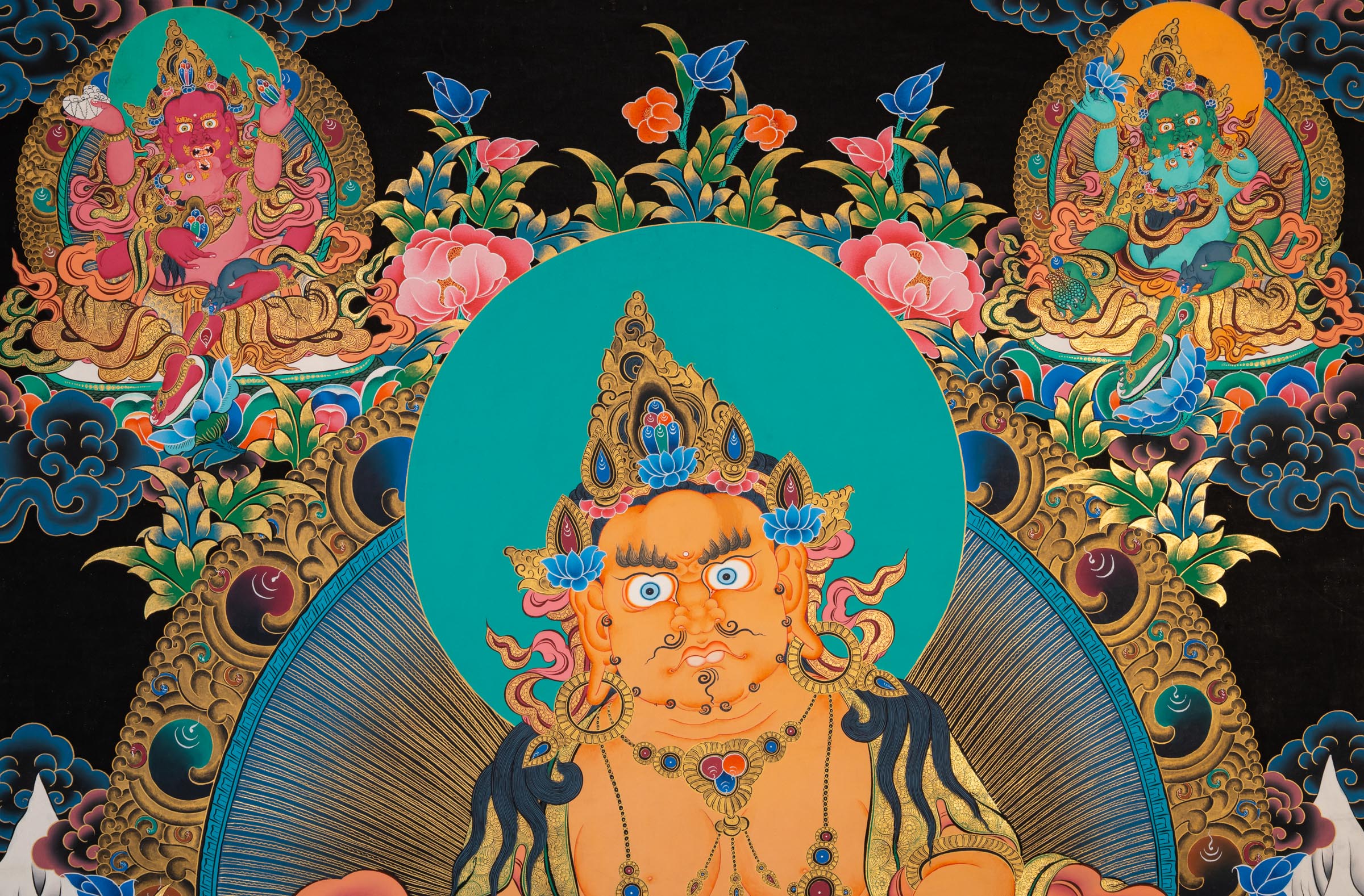 Zambala thangka painting showing a golden seated figure with wide eyes and ornate jewelry, positioned on a lotus base, surrounded by floral patterns, clouds, and multiple smaller seated figures above and below against a dark background.