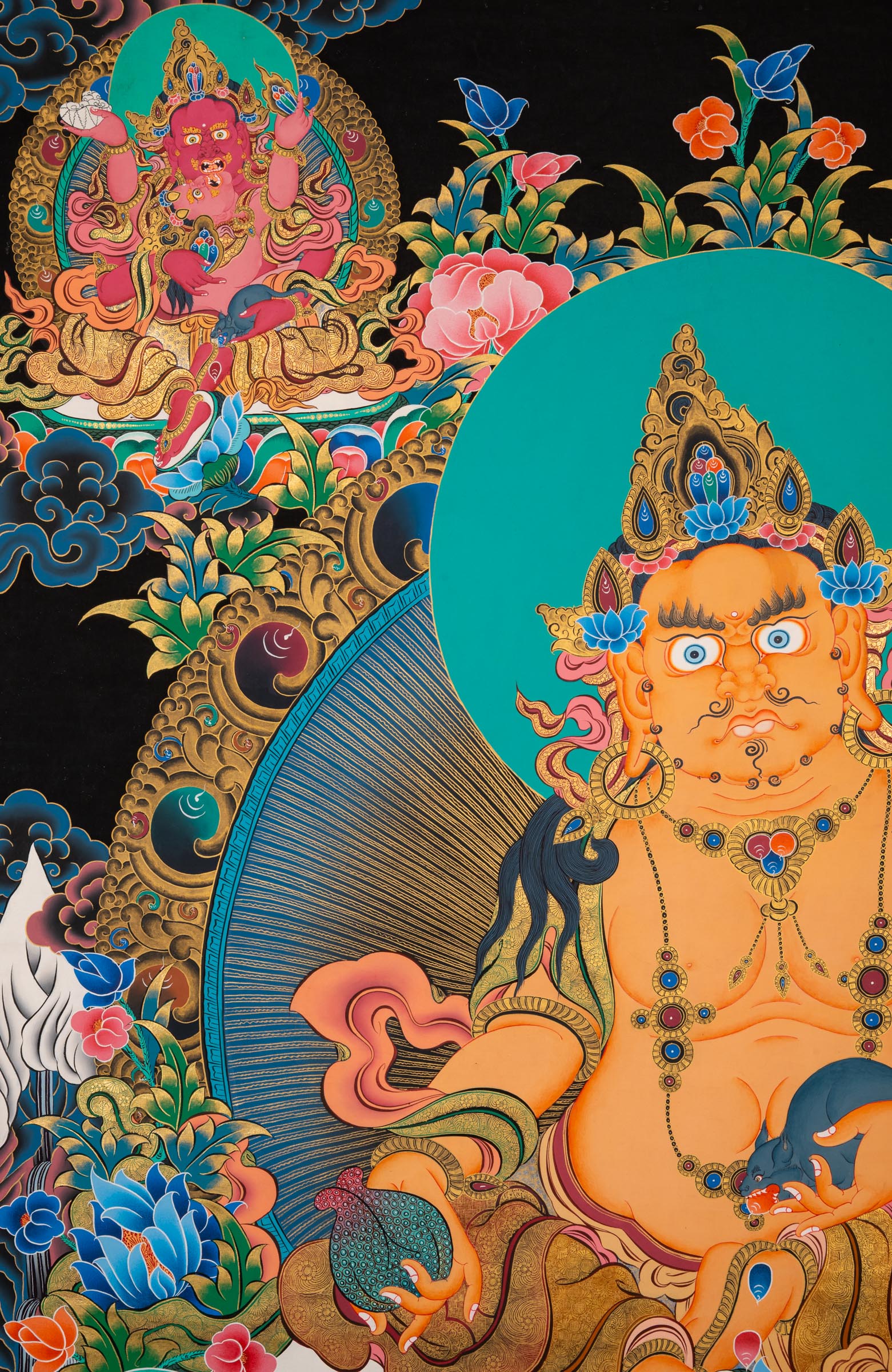 Zambala thangka painting showing a golden seated figure with wide eyes and ornate jewelry, positioned on a lotus base, surrounded by floral patterns, clouds, and multiple smaller seated figures above and below against a dark background.