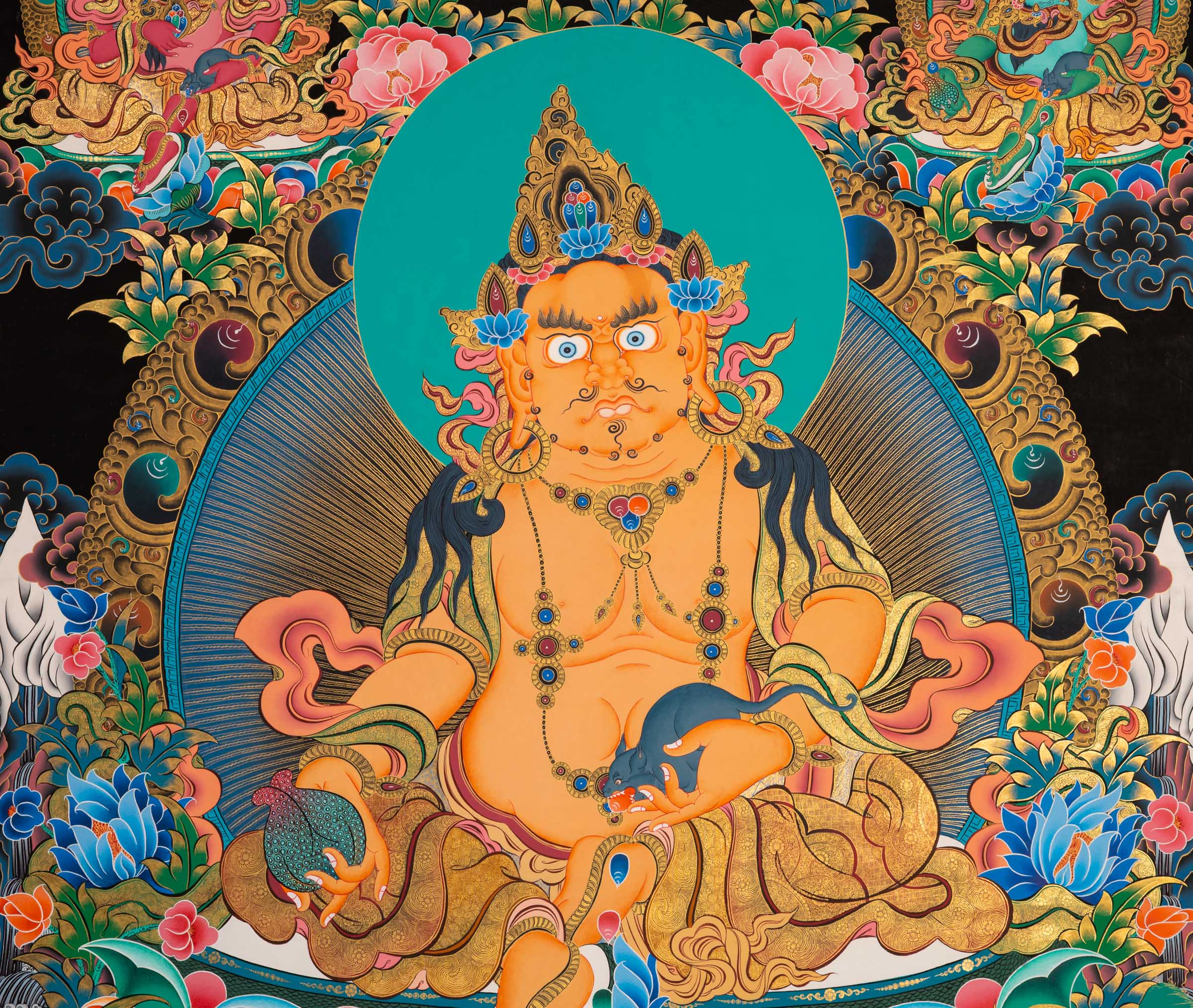 Zambala thangka painting showing a golden seated figure with wide eyes and ornate jewelry, positioned on a lotus base, surrounded by floral patterns, clouds, and multiple smaller seated figures above and below against a dark background.