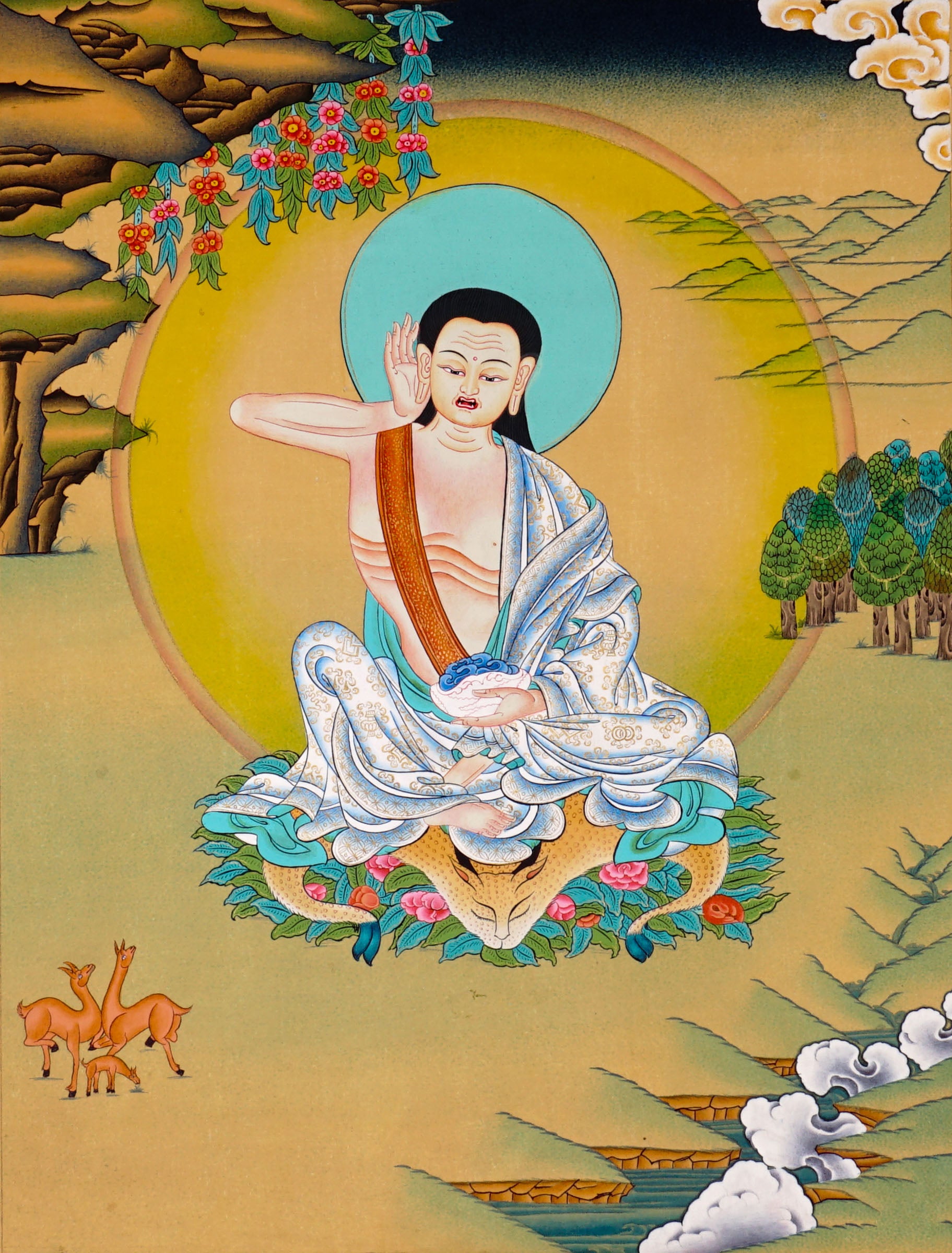 Hand-painted 60x45cm Milarepa thangka showing Jetsun Milarepa seated on deer skin with listening gesture and Himalayan landscape background.