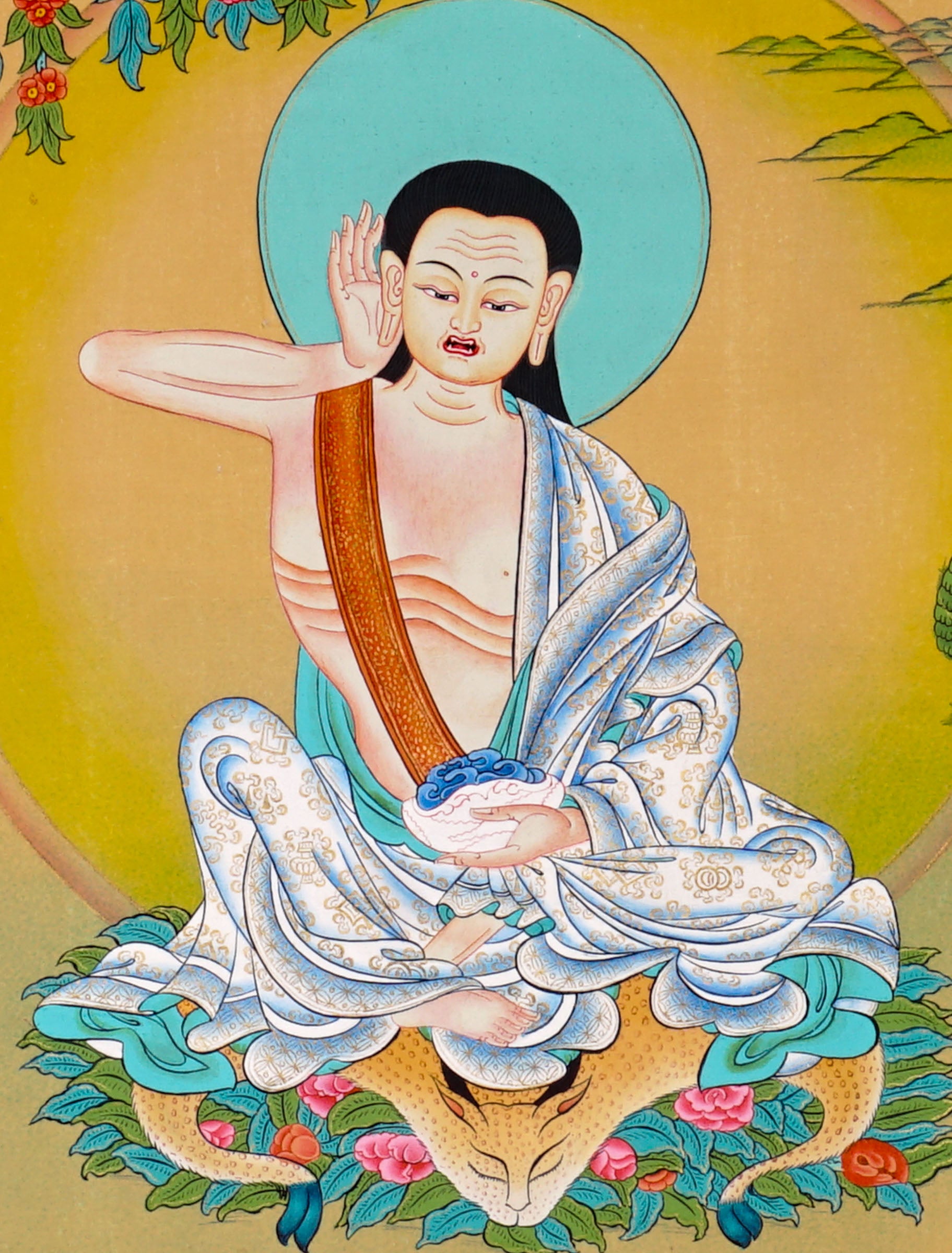 Hand-painted 60x45cm Milarepa thangka showing Jetsun Milarepa seated on deer skin with listening gesture and Himalayan landscape background.
