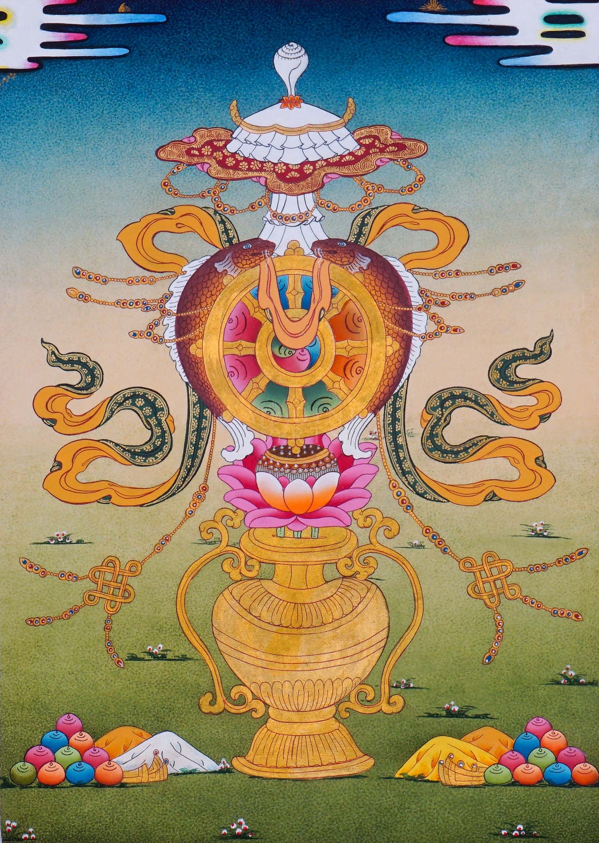 Ashtamangala Buddhist Thangka painting with an ornate golden Dharma Wheel, decorative parasol, and lotus pedestal