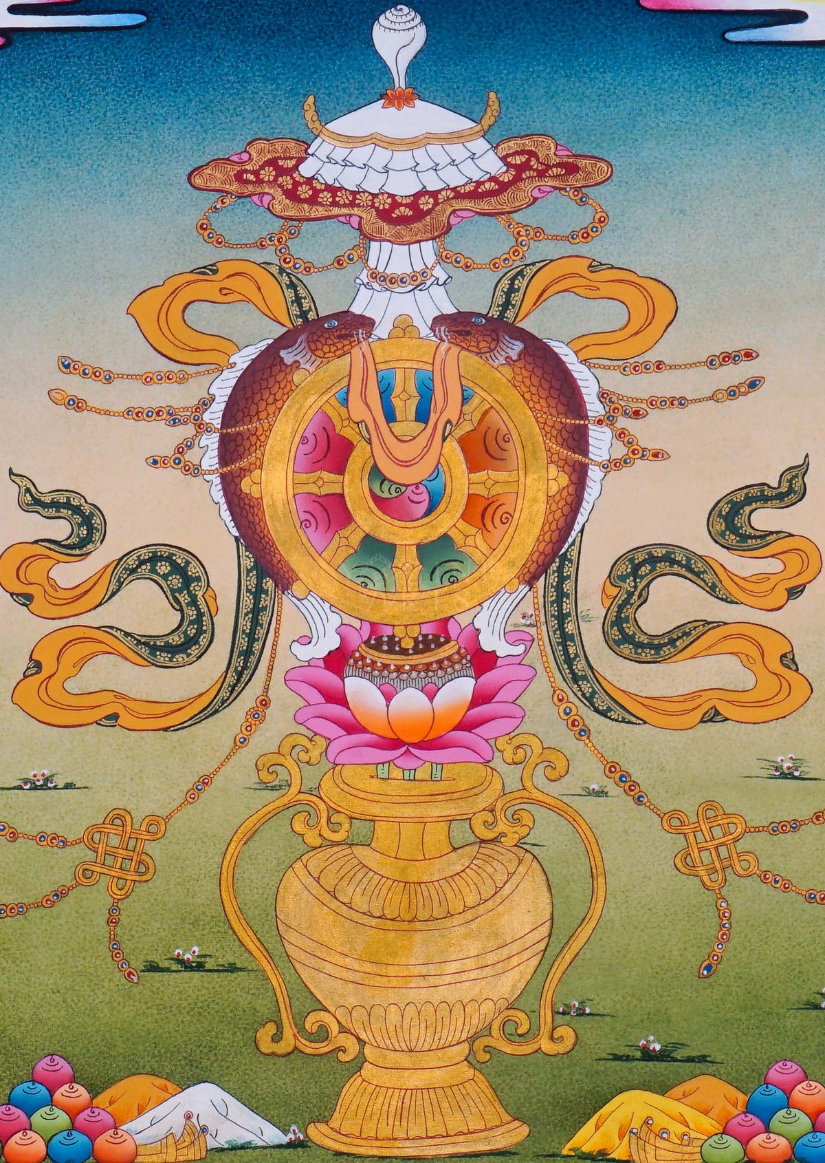 Ashtamangala Buddhist Thangka painting with an ornate golden Dharma Wheel, decorative parasol, and lotus pedestal