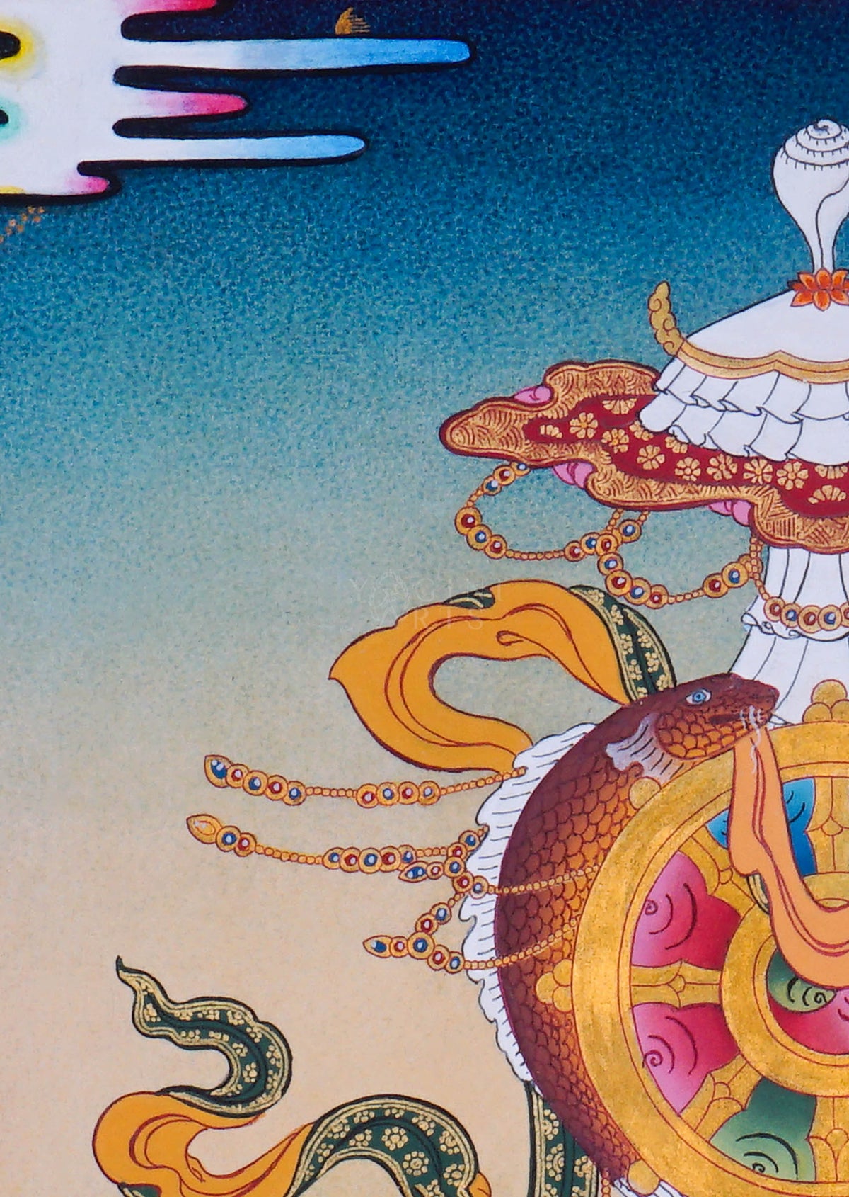 Ashtamangala Buddhist Thangka painting with an ornate golden Dharma Wheel, decorative parasol, and lotus pedestal