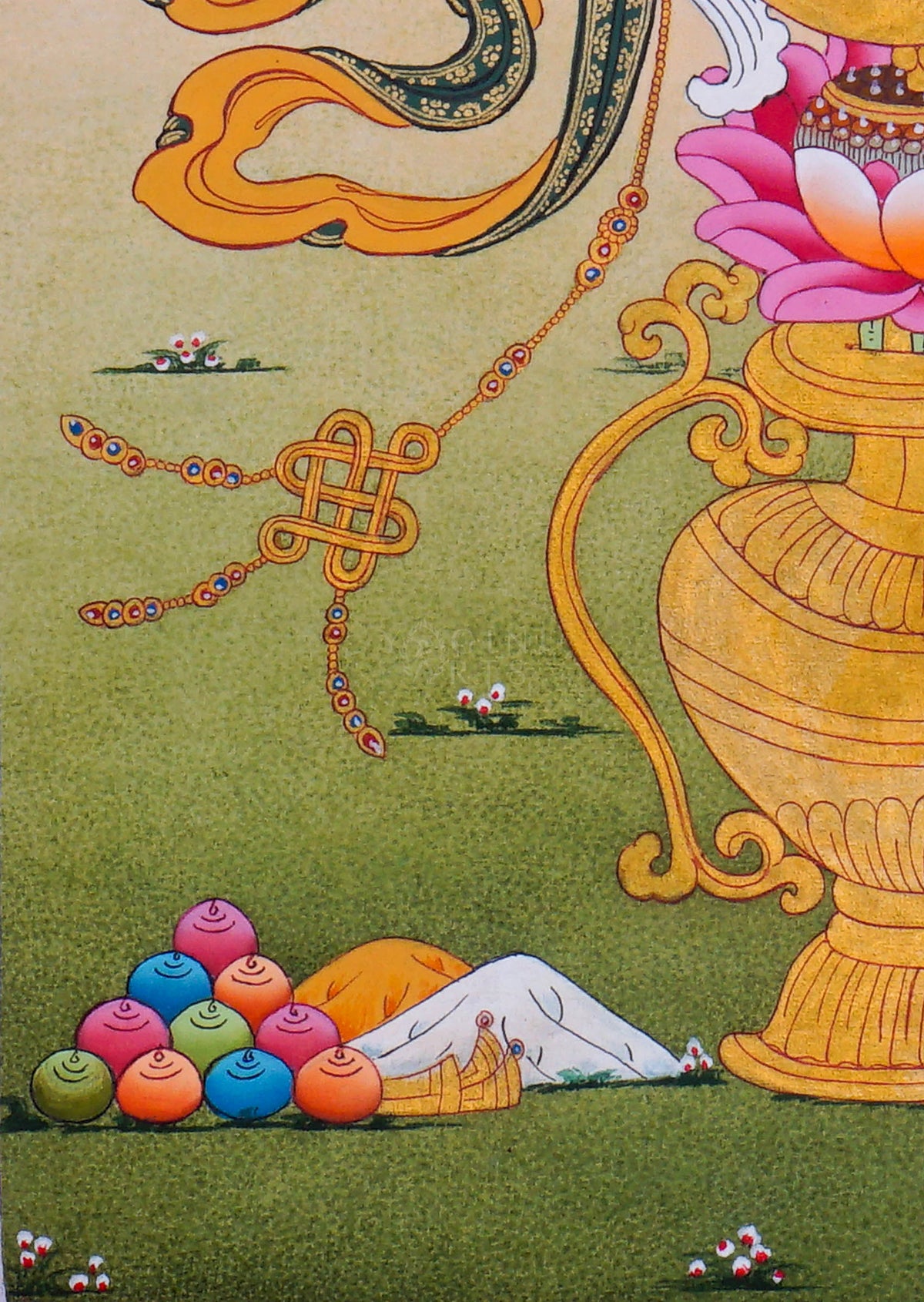 Ashtamangala Buddhist Thangka painting with an ornate golden Dharma Wheel, decorative parasol, and lotus pedestal