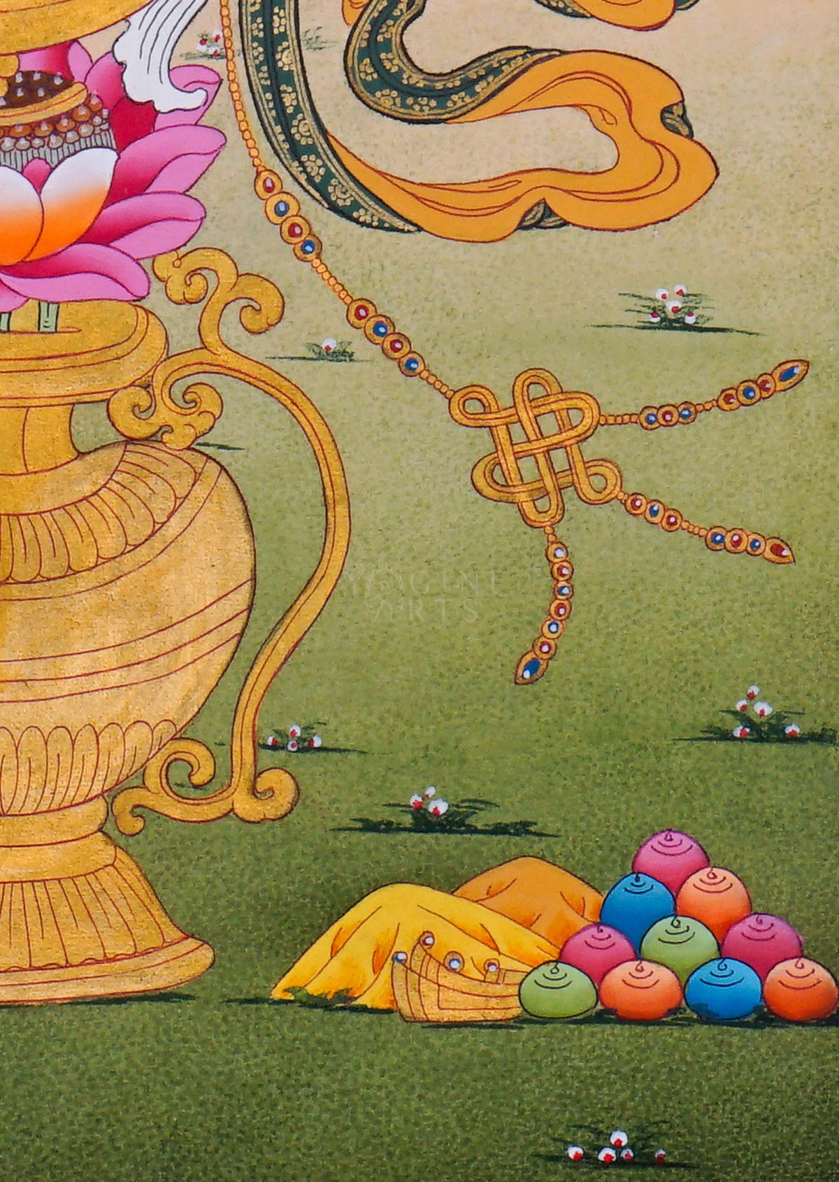 Ashtamangala Buddhist Thangka painting with an ornate golden Dharma Wheel, decorative parasol, and lotus pedestal