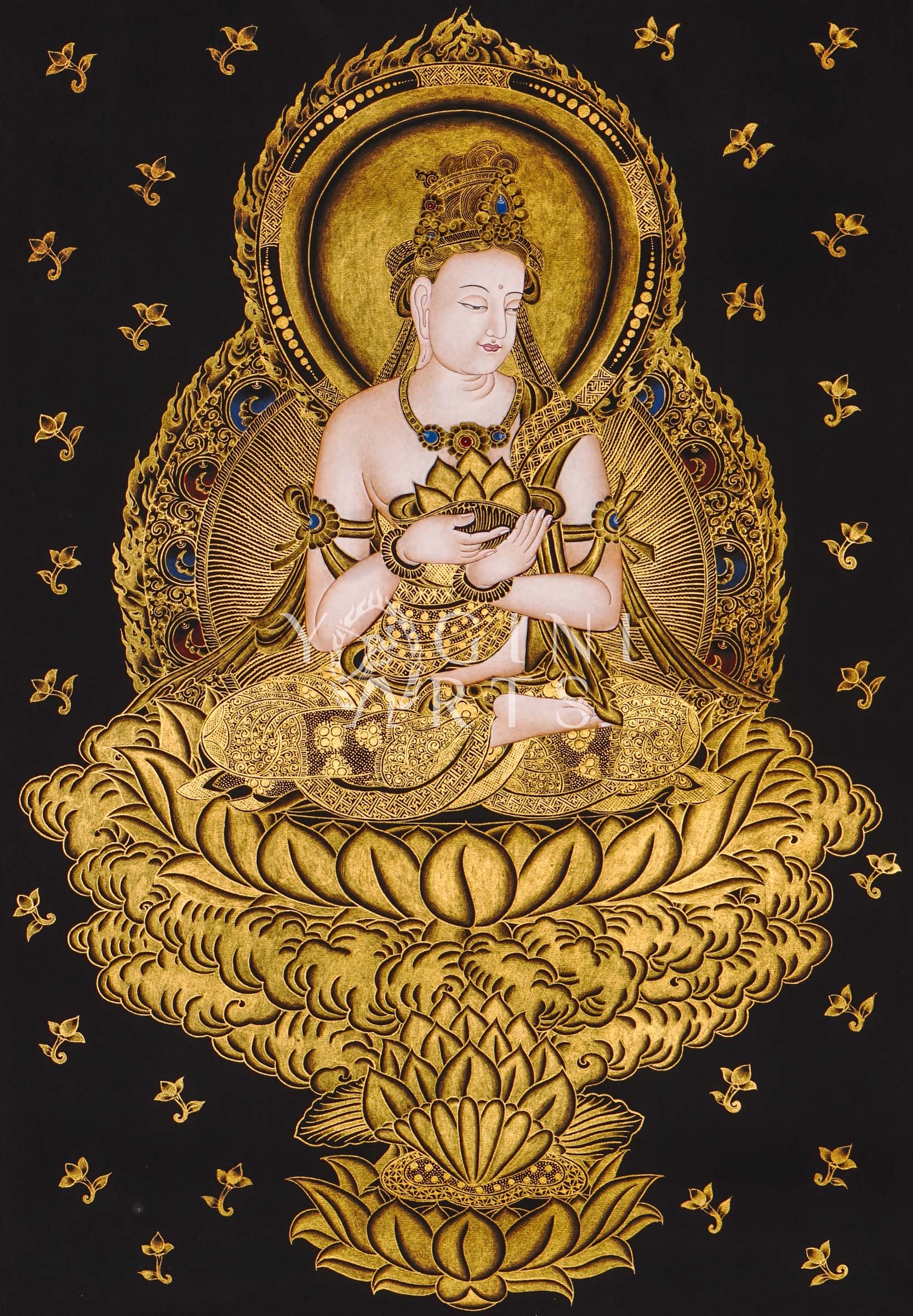 Hand-painted Japanese Buddha thangka in gold on black canvas featuring a serene Buddha seated on a lotus throne holding a lotus flower