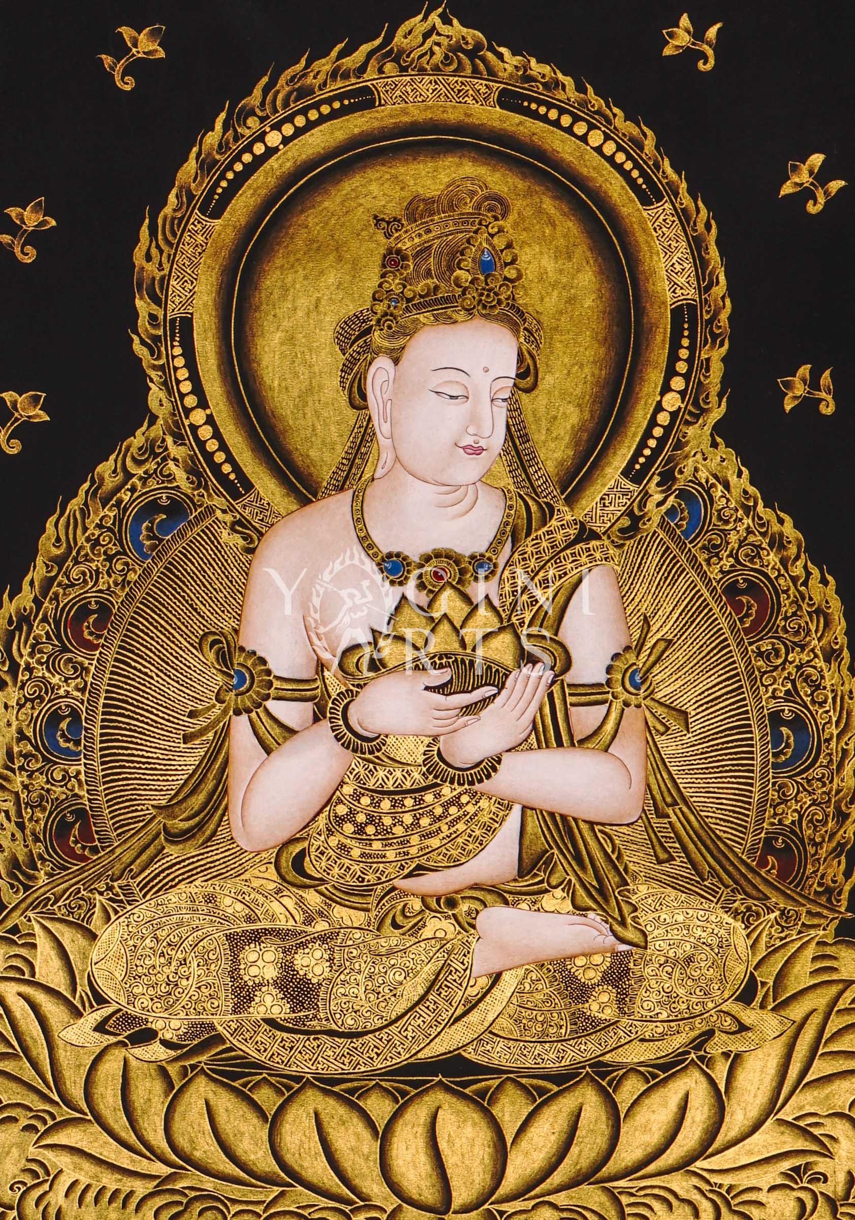Hand-painted Japanese Buddha thangka in gold on black canvas featuring a serene Buddha seated on a lotus throne holding a lotus flower
