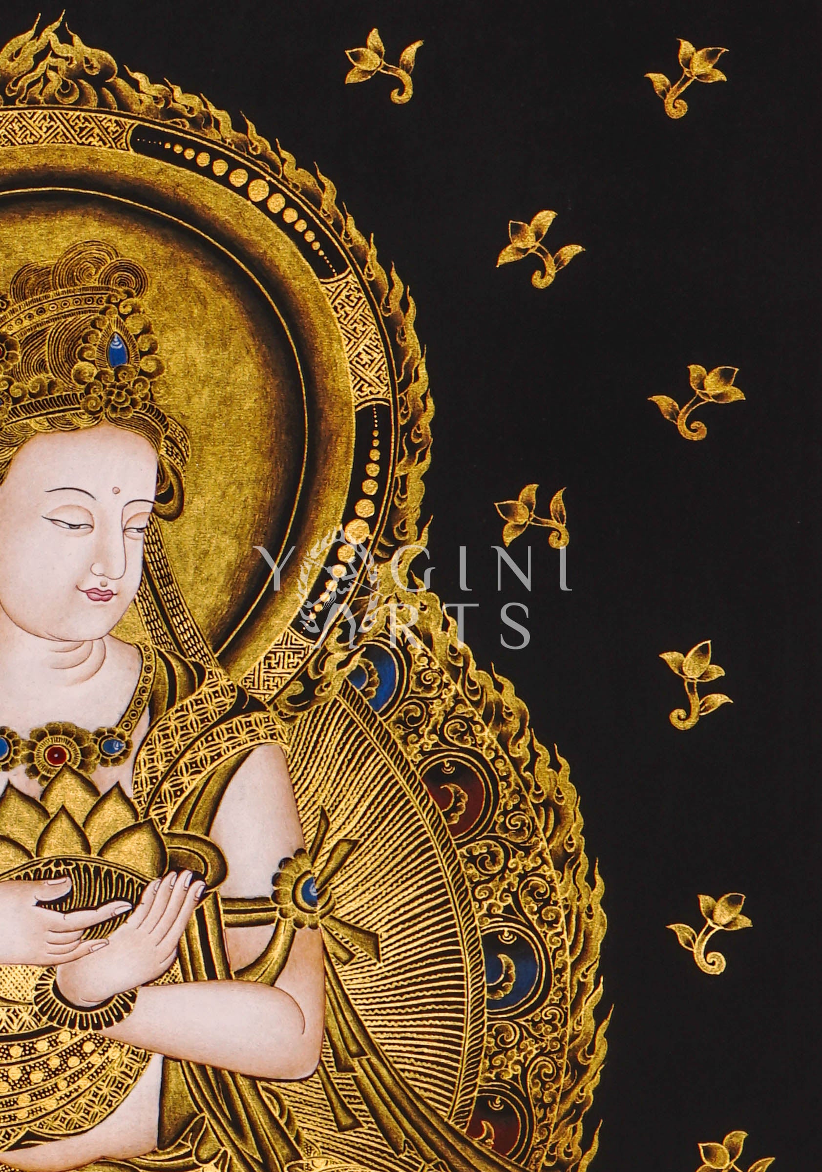 Hand-painted Japanese Buddha thangka in gold on black canvas featuring a serene Buddha seated on a lotus throne holding a lotus flower