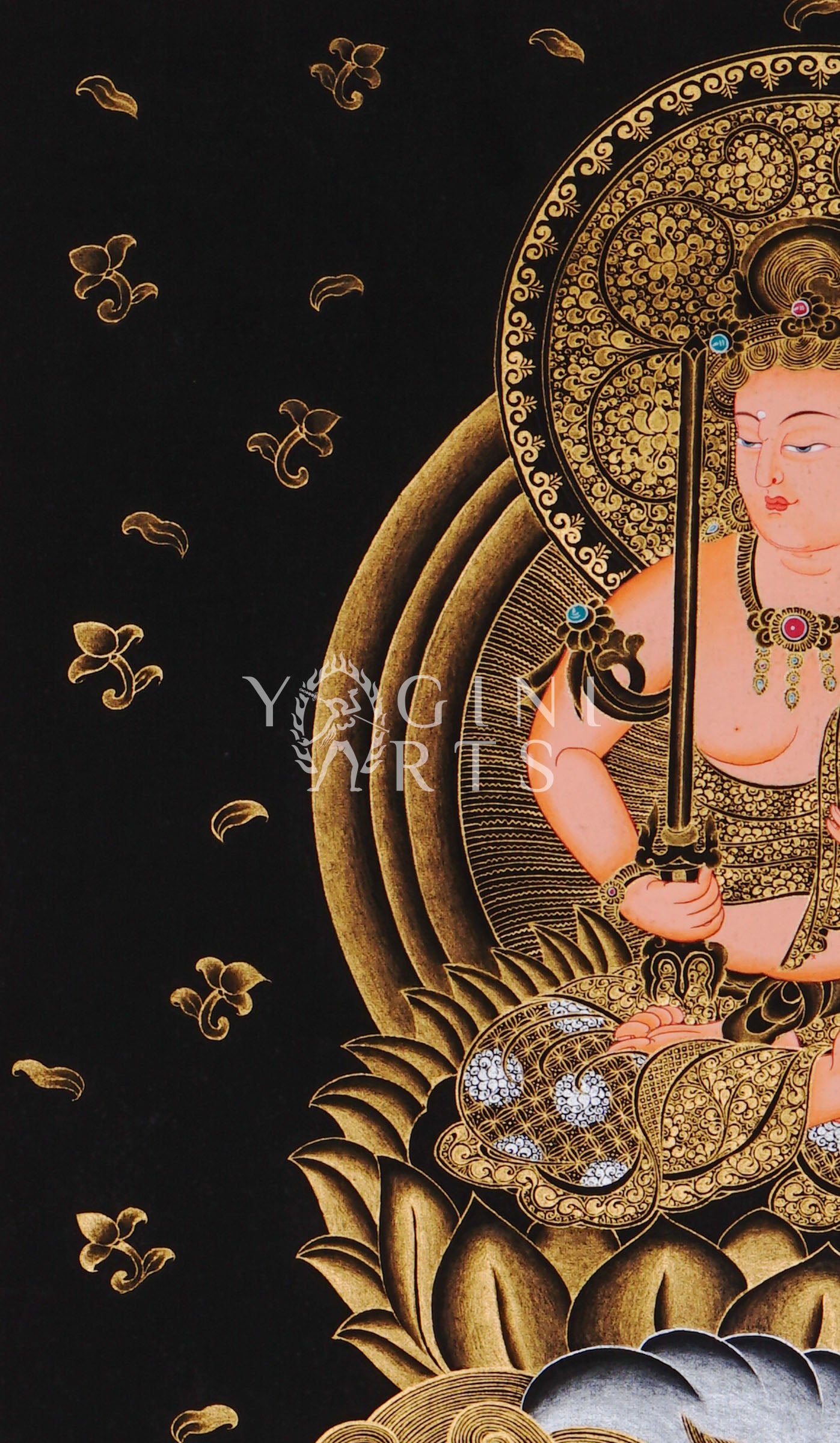 Hand-painted Manjushri thangka in gold on black canvas featuring the Buddhist wisdom deity seated on a snow lion holding a flaming sword and lotus scripture