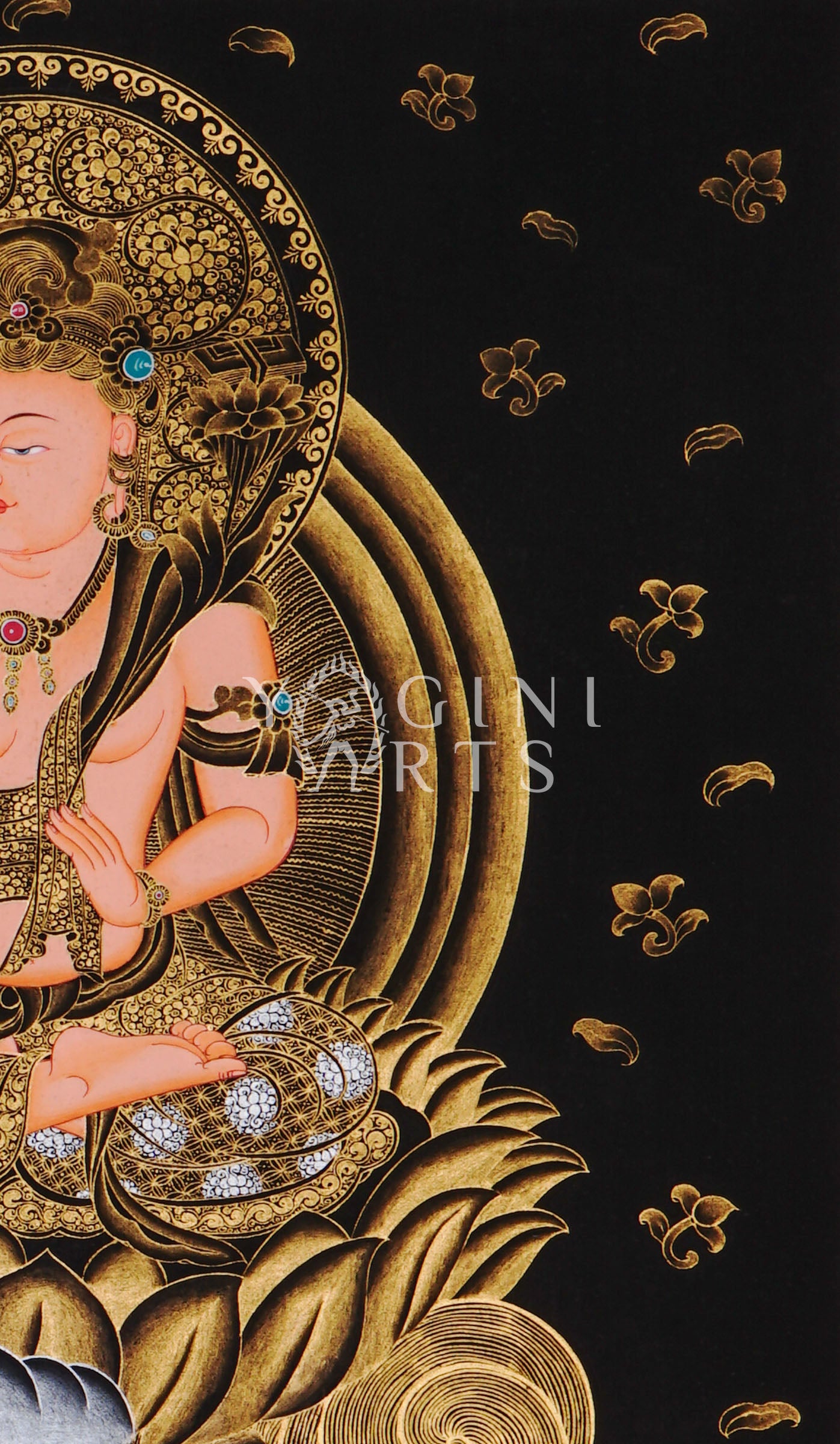 Hand-painted Manjushri thangka in gold on black canvas featuring the Buddhist wisdom deity seated on a snow lion holding a flaming sword and lotus scripture