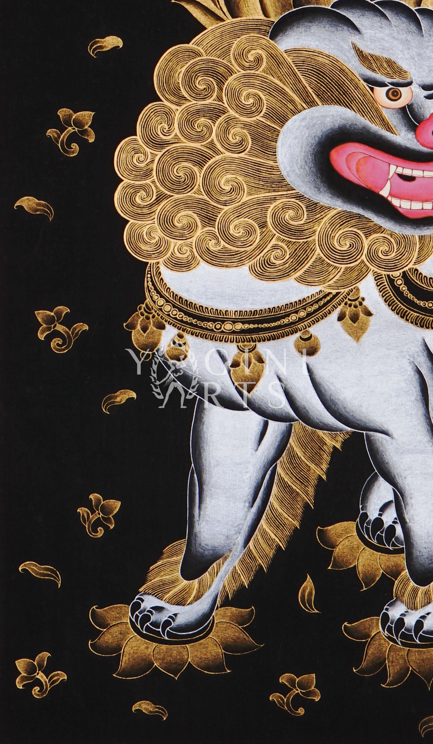 Hand-painted Manjushri thangka in gold on black canvas featuring the Buddhist wisdom deity seated on a snow lion holding a flaming sword and lotus scripture
