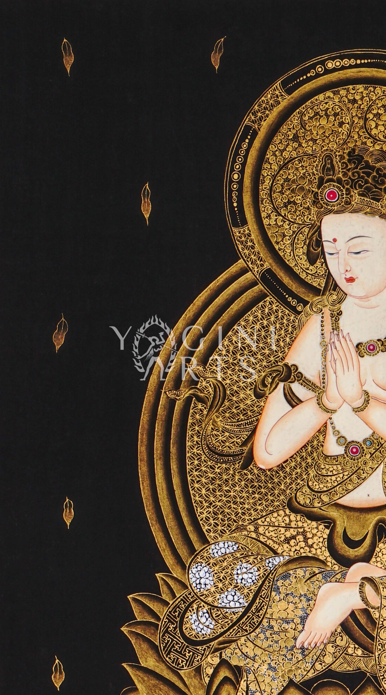 Hand-painted Samantabhadra thangka in gold on black canvas featuring the Buddhist bodhisattva seated on a white elephant with hands in prayer gesture