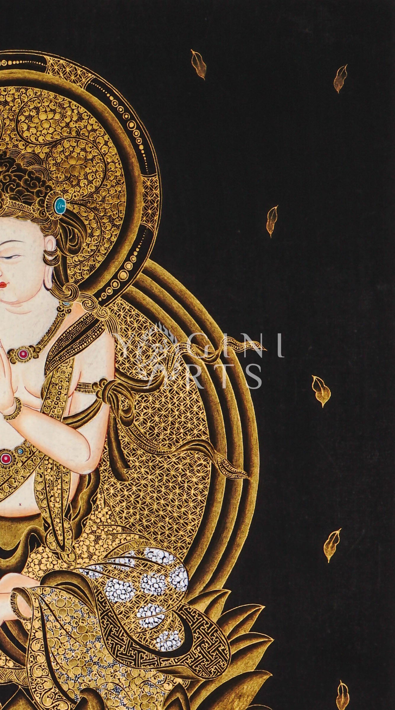Hand-painted Samantabhadra thangka in gold on black canvas featuring the Buddhist bodhisattva seated on a white elephant with hands in prayer gesture