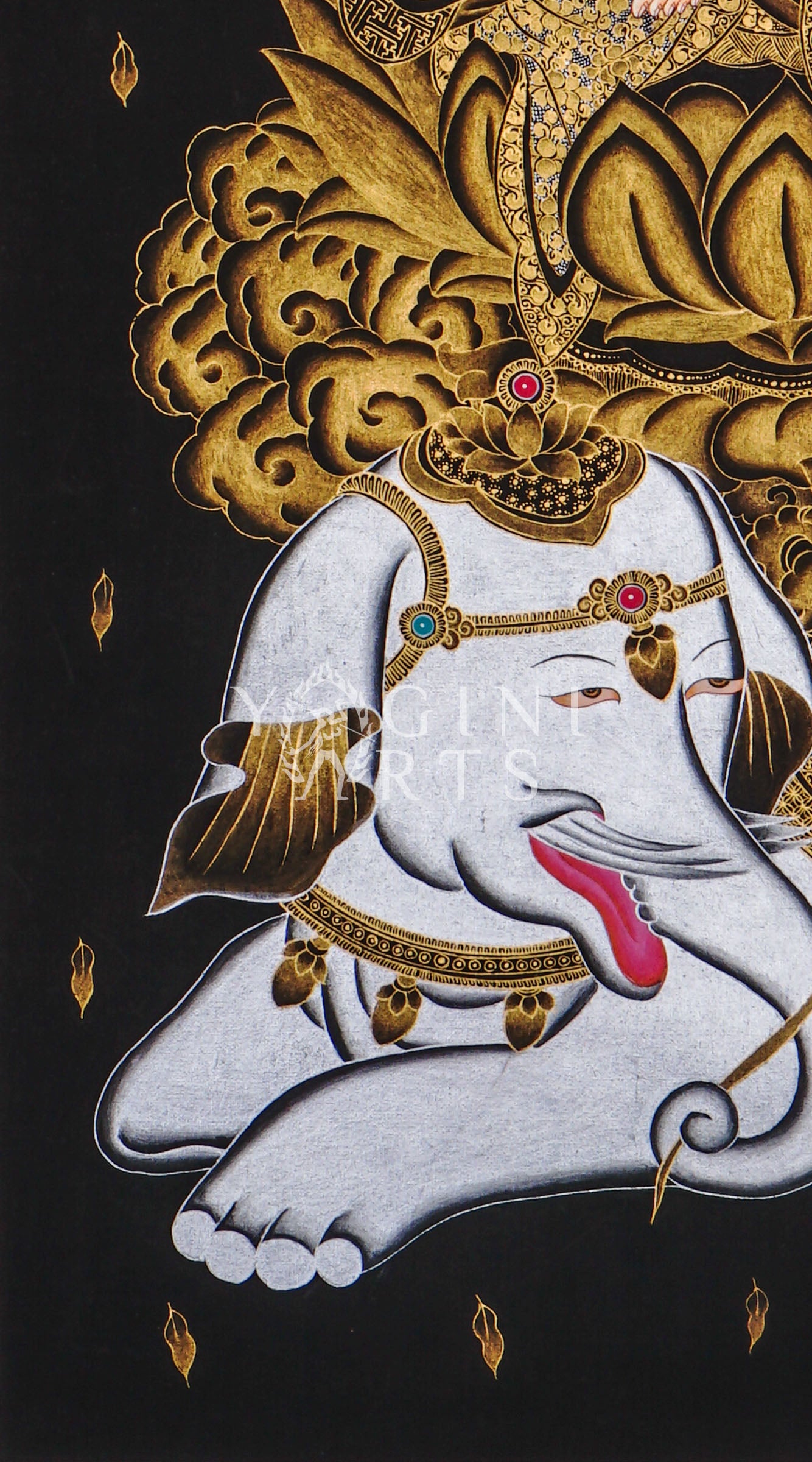 Hand-painted Samantabhadra thangka in gold on black canvas featuring the Buddhist bodhisattva seated on a white elephant with hands in prayer gesture