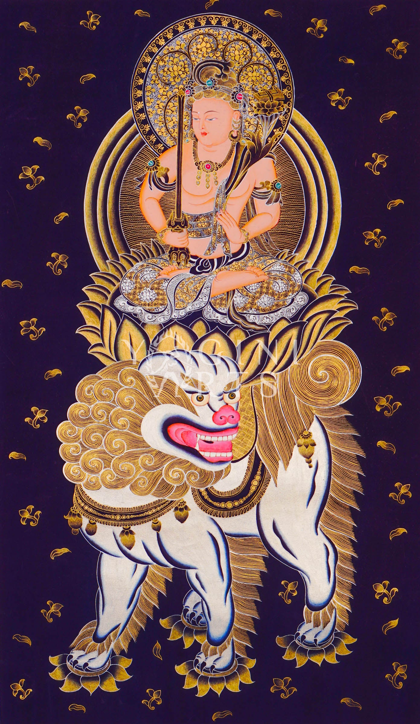 Hand-painted Manjushri on snow lion thangka in gold on black canvas featuring the Buddhist wisdom deity holding a flaming sword and lotus scripture