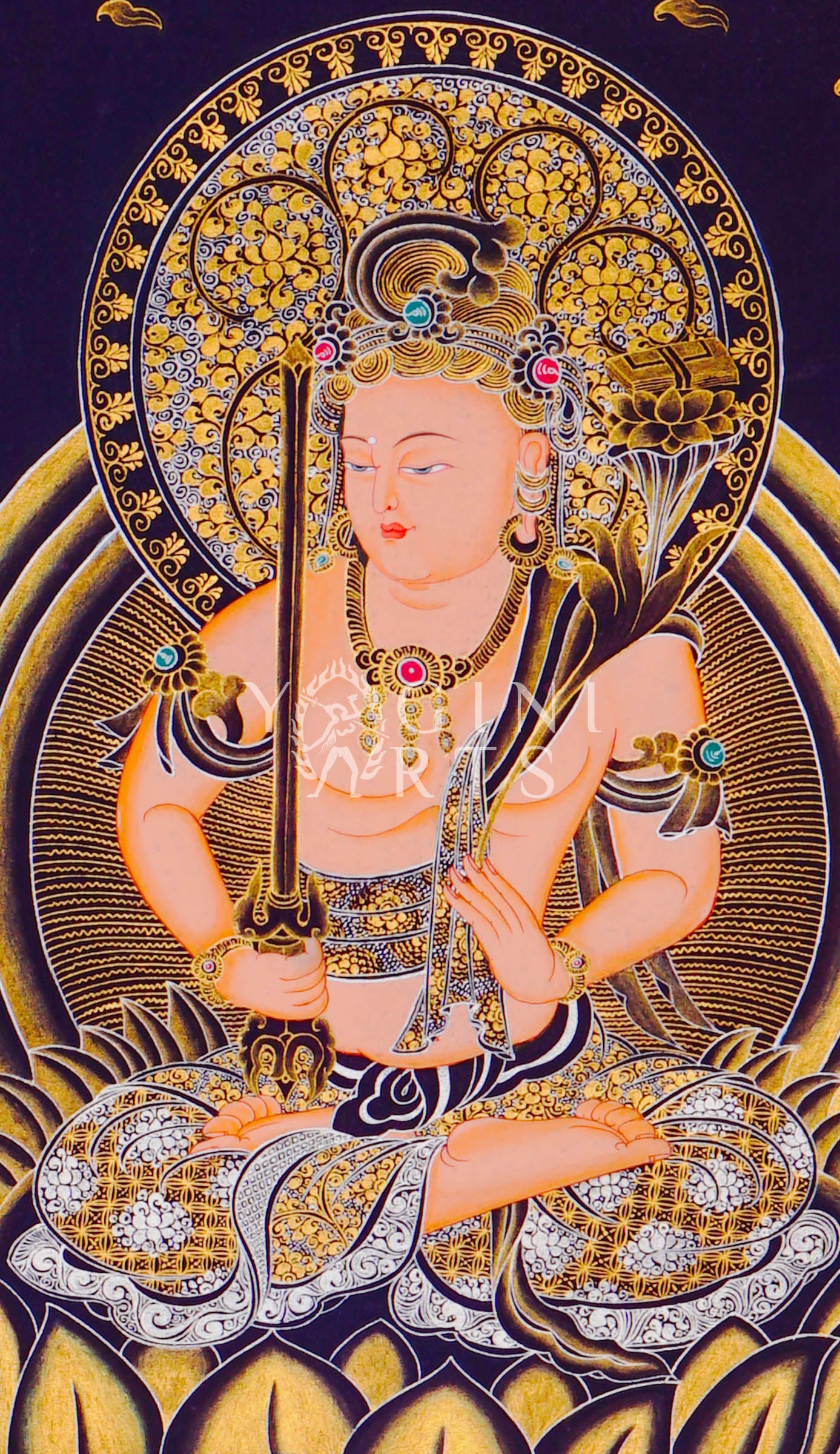 Hand-painted Manjushri on snow lion thangka in gold on black canvas featuring the Buddhist wisdom deity holding a flaming sword and lotus scripture