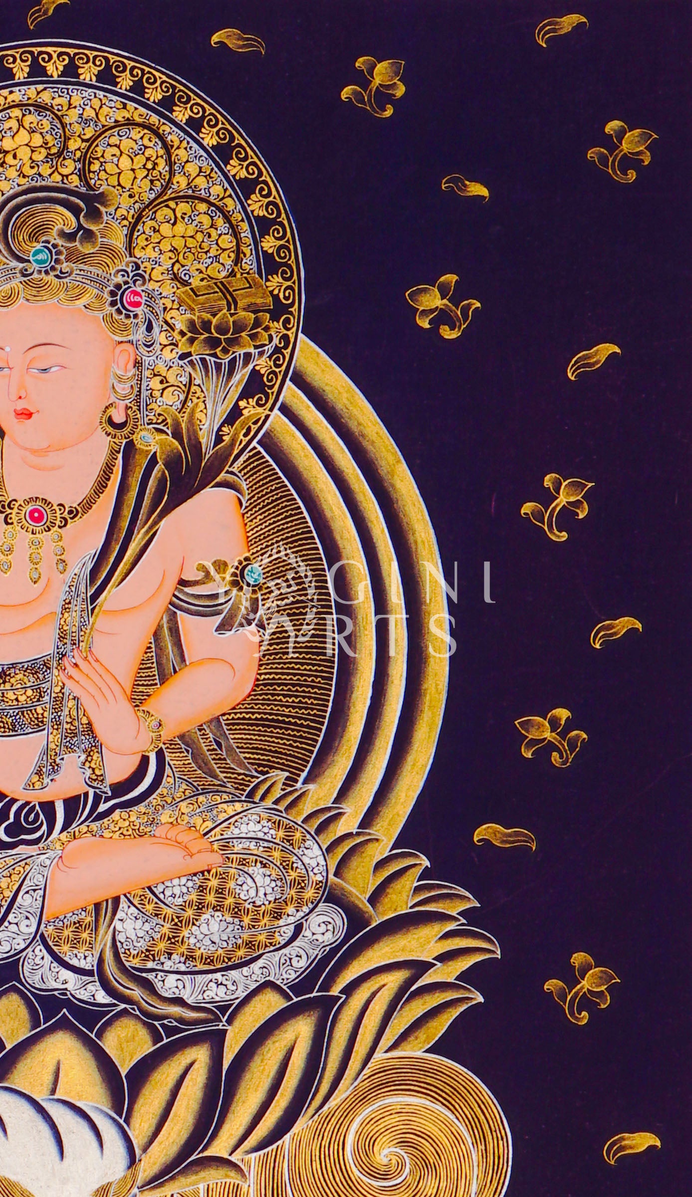 Hand-painted Manjushri on snow lion thangka in gold on black canvas featuring the Buddhist wisdom deity holding a flaming sword and lotus scripture