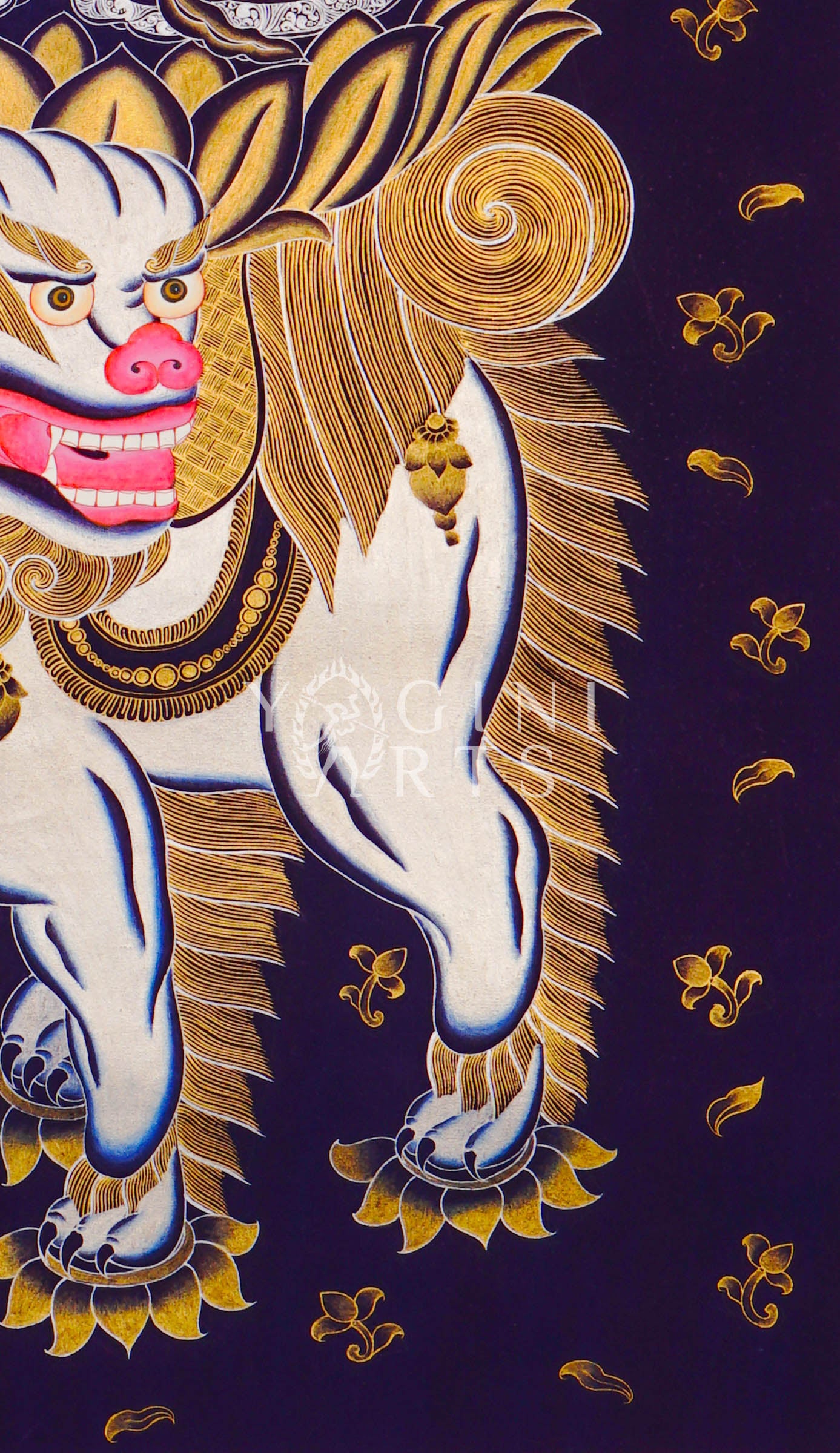 Hand-painted Manjushri on snow lion thangka in gold on black canvas featuring the Buddhist wisdom deity holding a flaming sword and lotus scripture