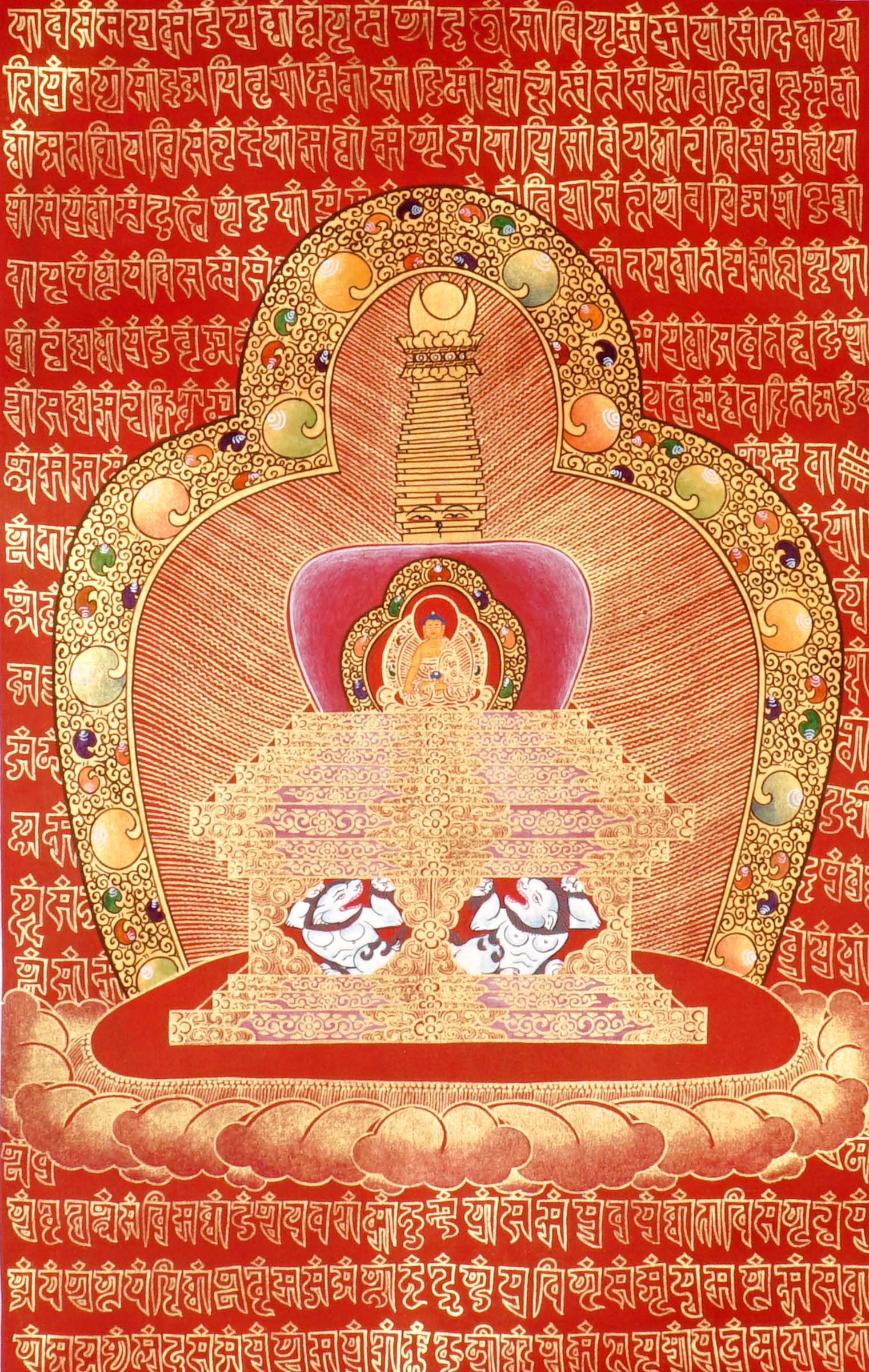 Hand-painted Tibetan Stupa Mandala Thangka with red background, golden sacred geometry, and central enlightenment stupa, traditional Nepalese Buddhist art.