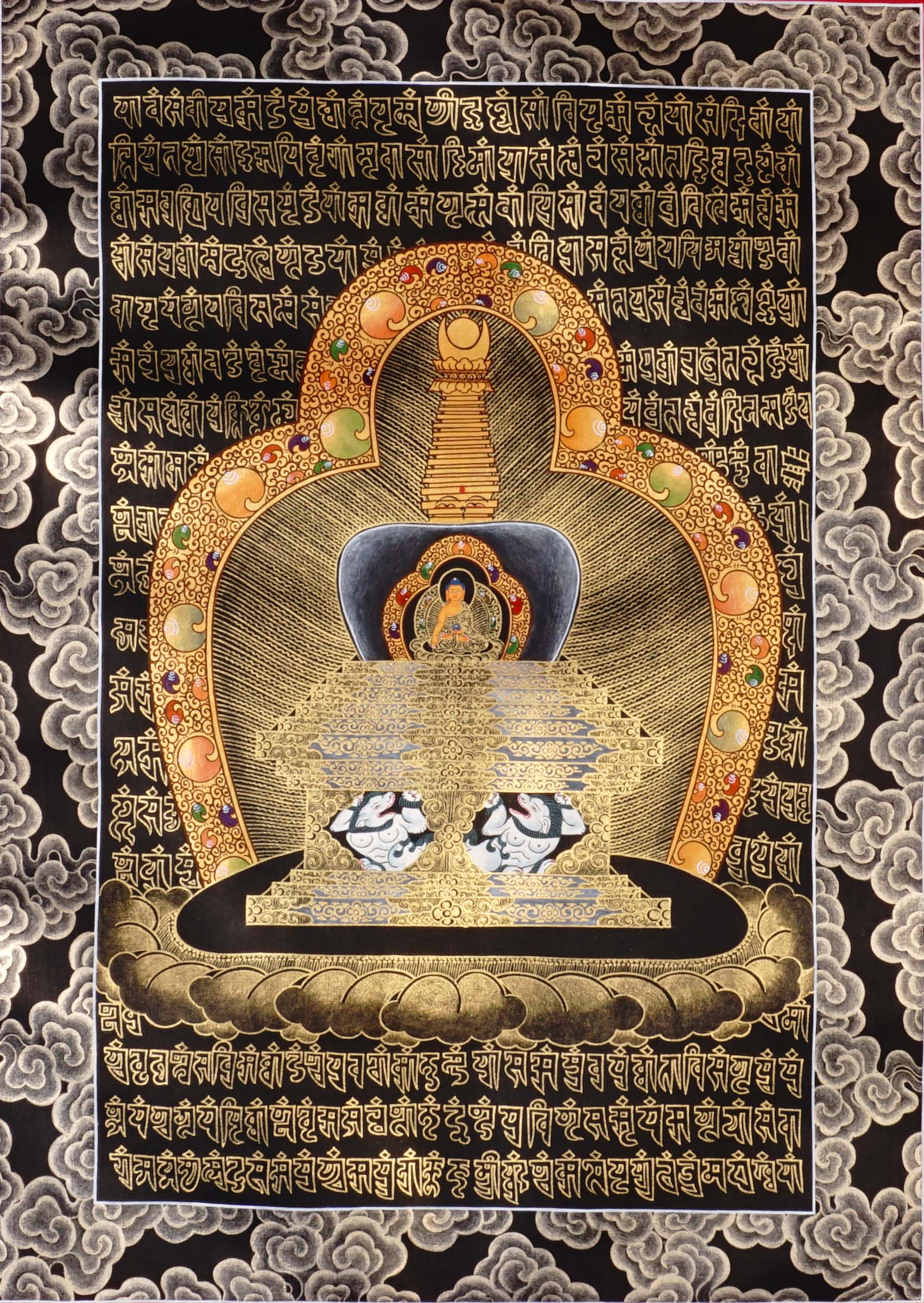 Hand-painted Tibetan Stupa Mandala thangka in gold on black background featuring sacred stupa with Buddha inside shrine niche and Tibetan mantra script border.