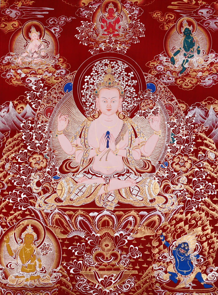 Hand-painted Chenrezig Avalokiteshvara thangka on red background with four arms holding lotus and mala with Amitabha Buddha above.