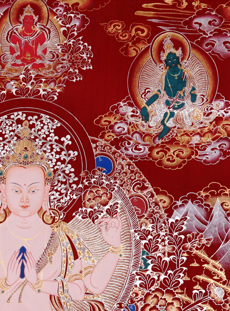 Hand-painted Chenrezig Avalokiteshvara thangka on red background with four arms holding lotus and mala with Amitabha Buddha above.
