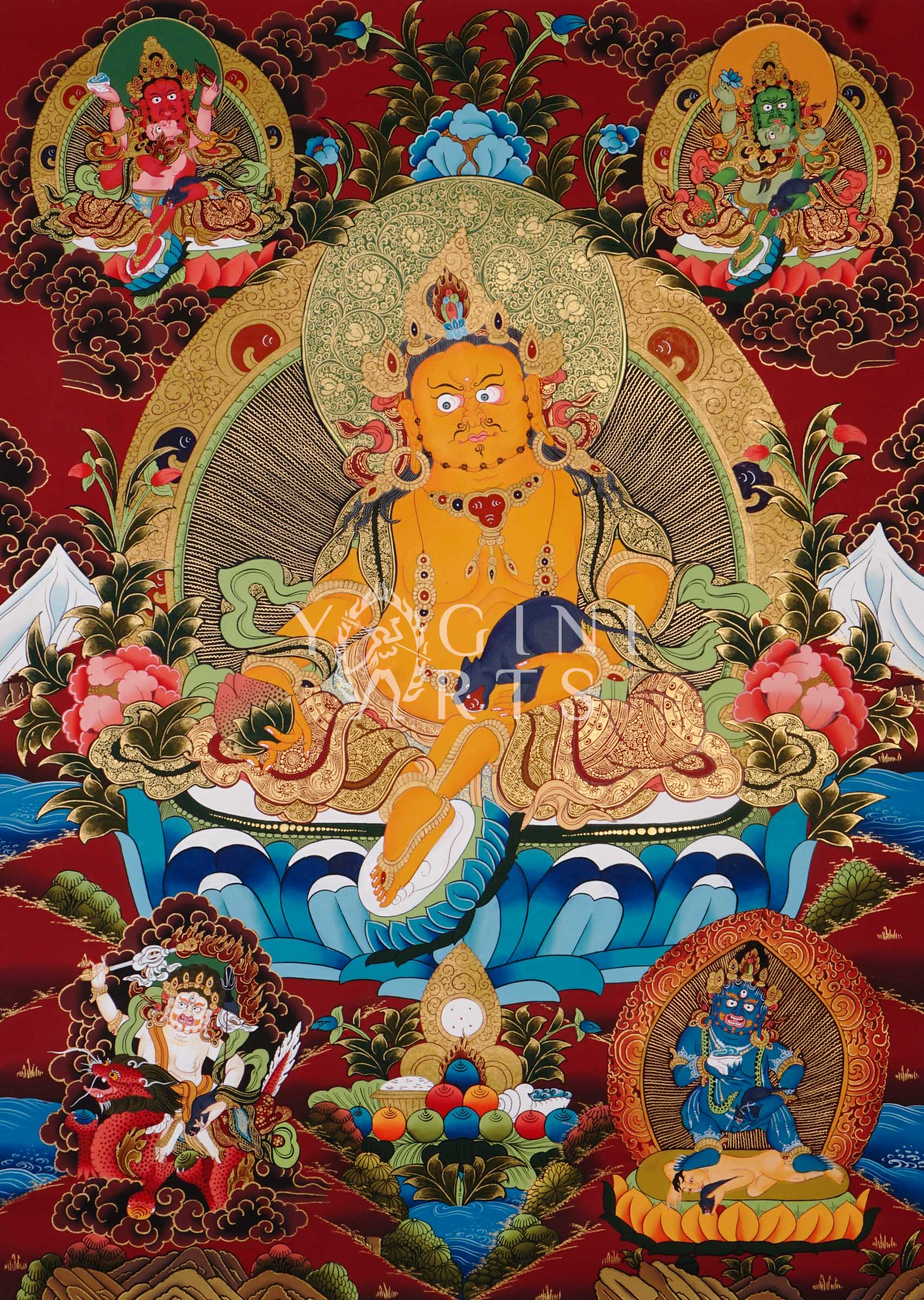 Yellow Zambhala thangka featuring the Buddhist wealth deity holding a jewel-spitting mongoose surrounded by sacred deities and ornate gold detailing on a red background
