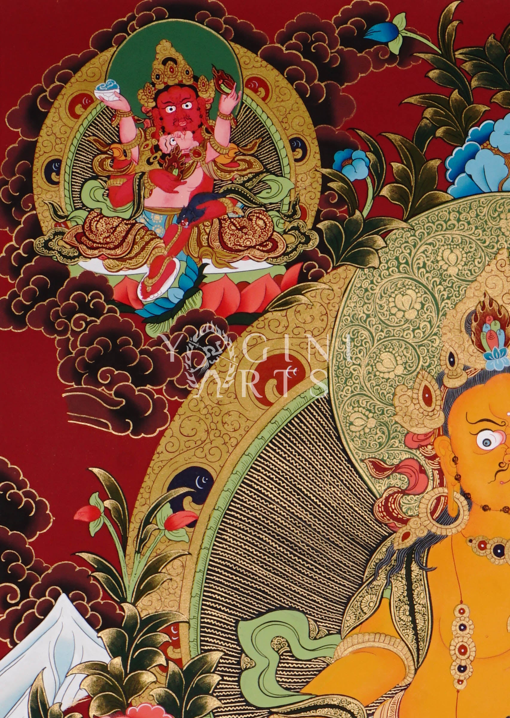 Yellow Zambhala thangka featuring the Buddhist wealth deity holding a jewel-spitting mongoose surrounded by sacred deities and ornate gold detailing on a red background