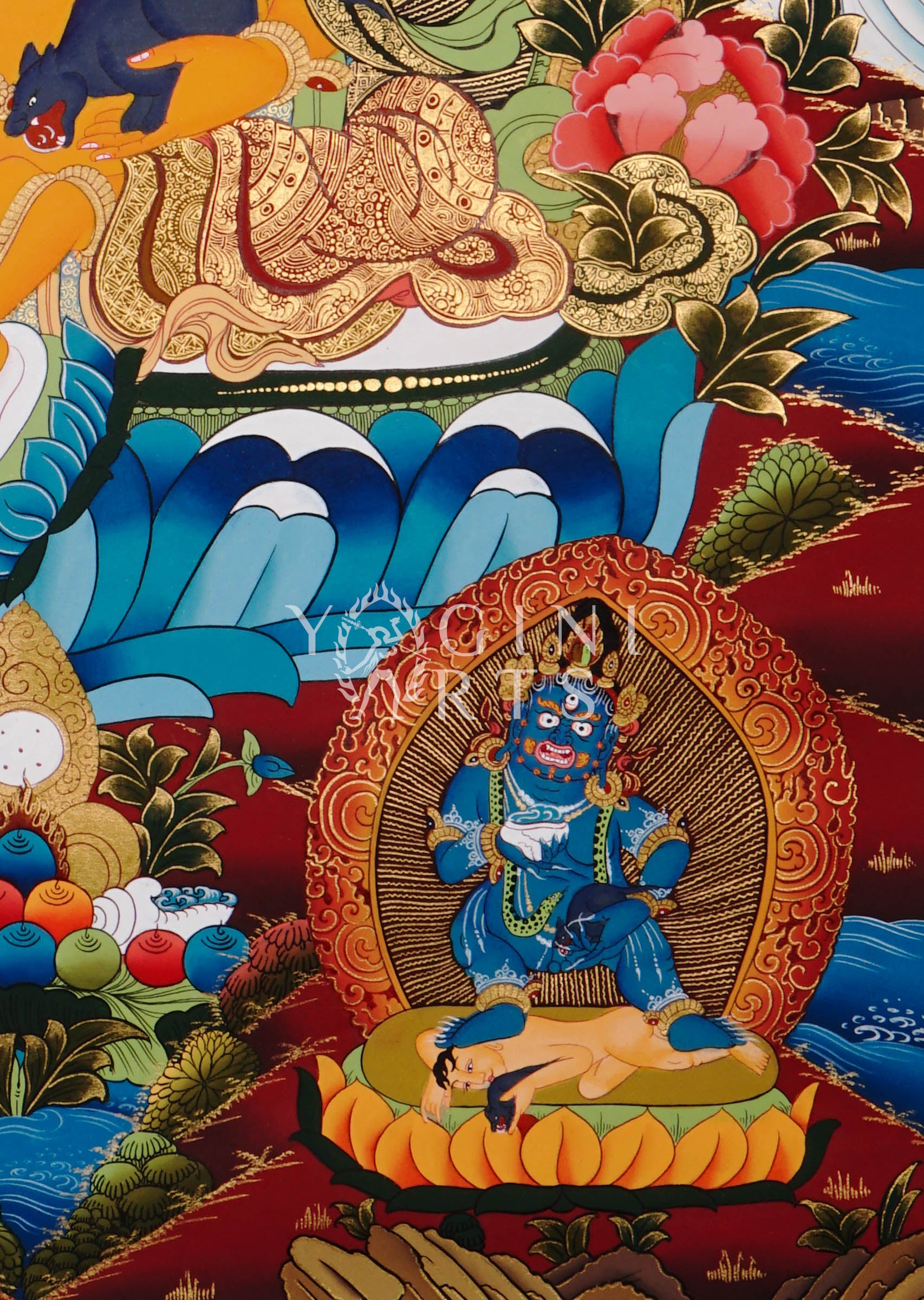 Yellow Zambhala thangka featuring the Buddhist wealth deity holding a jewel-spitting mongoose surrounded by sacred deities and ornate gold detailing on a red background