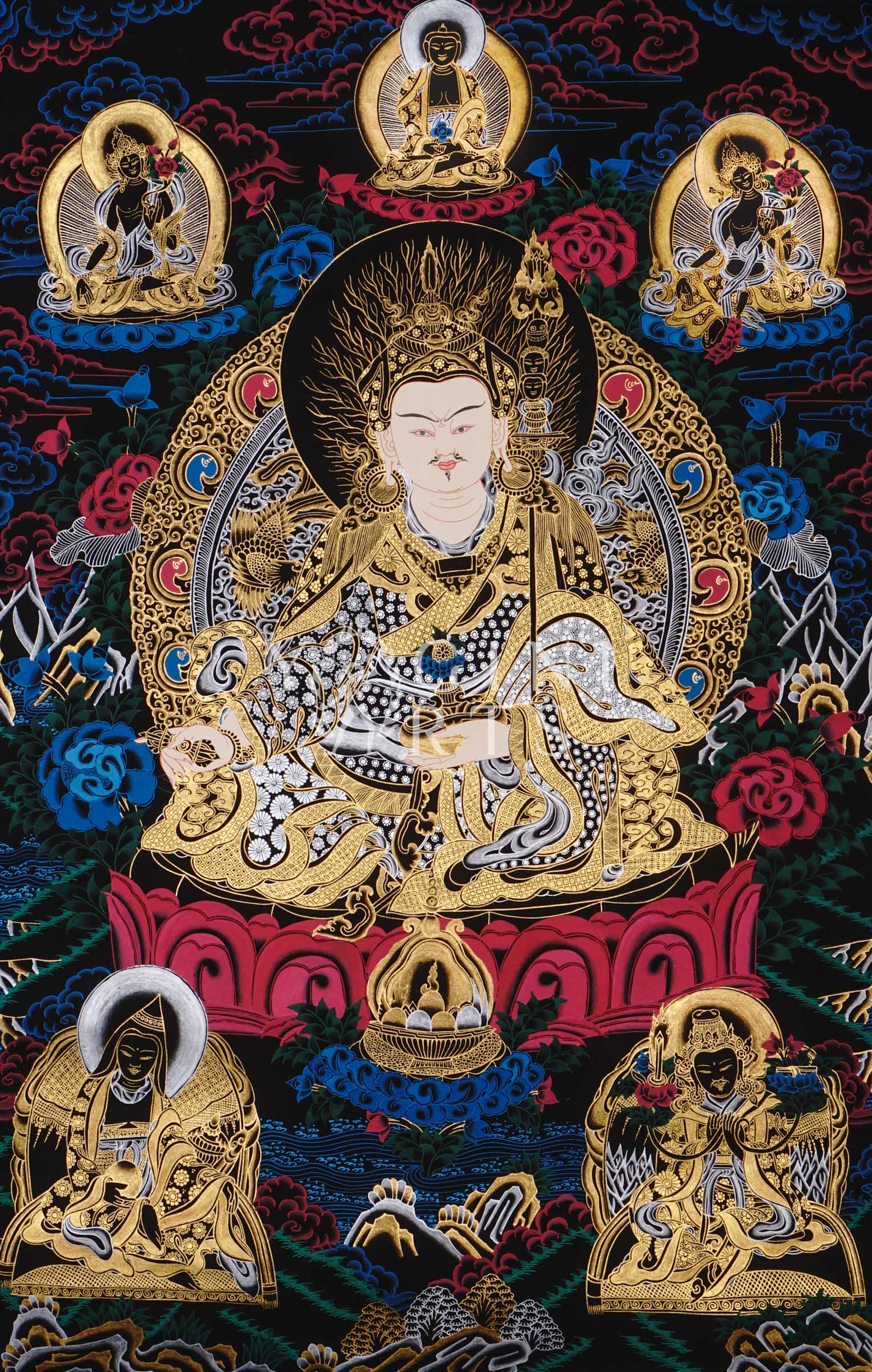 black and gold Guru Rinpoche thangka featuring Padmasambhava seated on a lotus throne surrounded by Buddhas, bodhisattvas