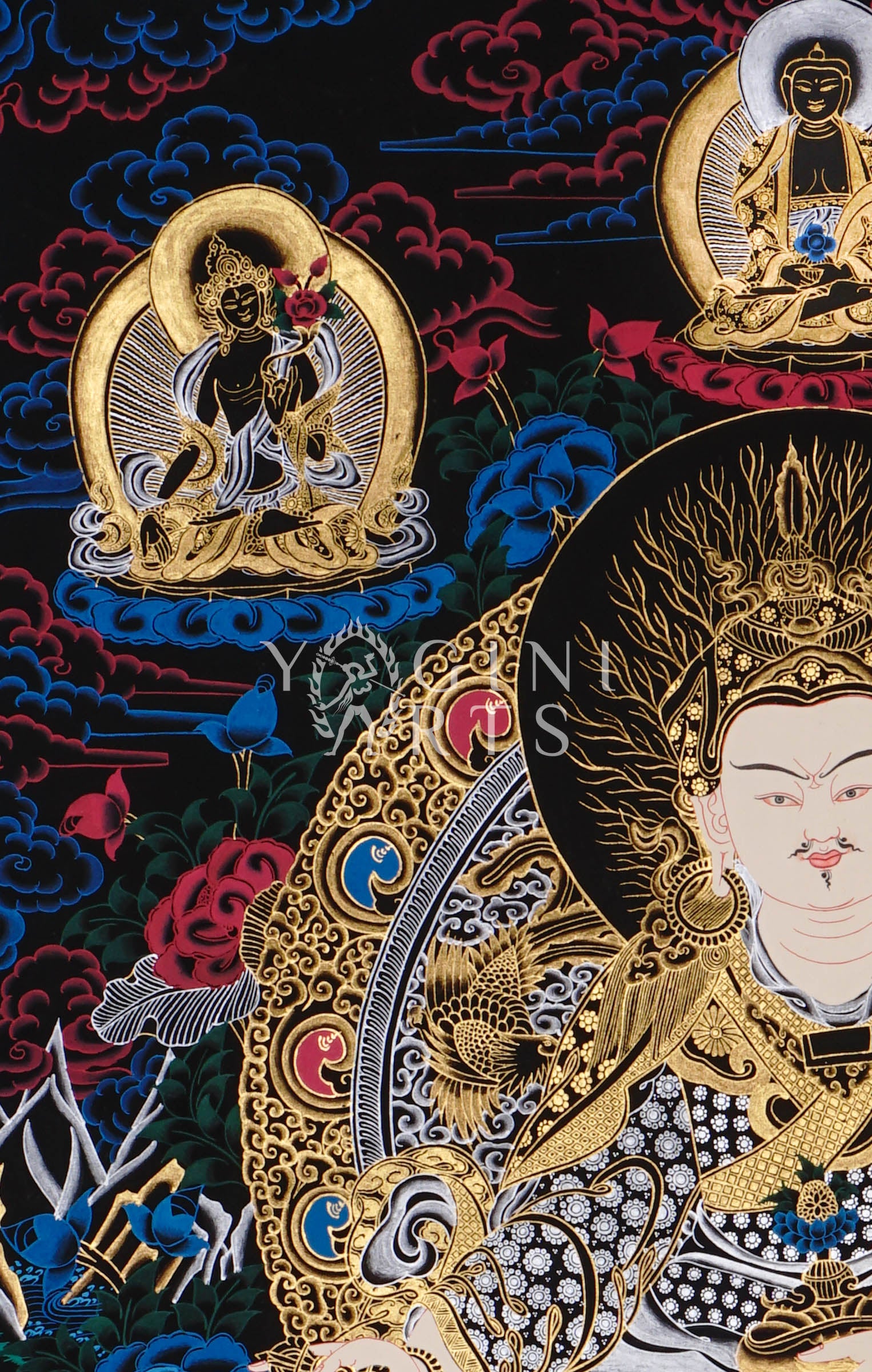 black and gold Guru Rinpoche thangka featuring Padmasambhava seated on a lotus throne surrounded by Buddhas, bodhisattvas