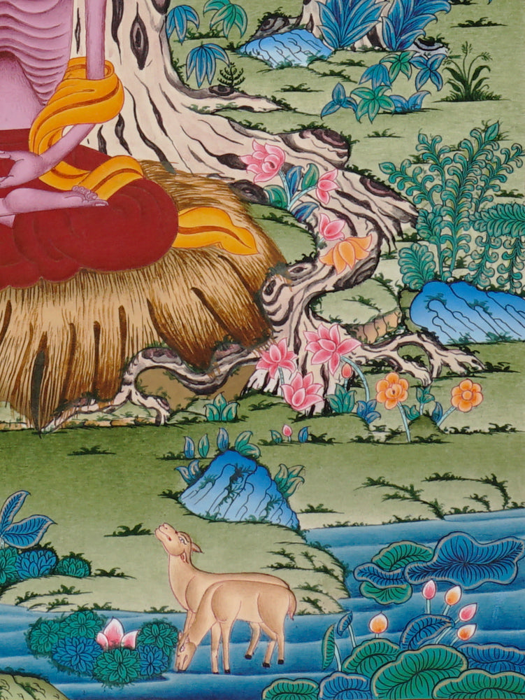 Hand-painted Shakyamuni Buddha meditation thangka showing Buddha meditating under the Bodhi tree surrounded by nature.
