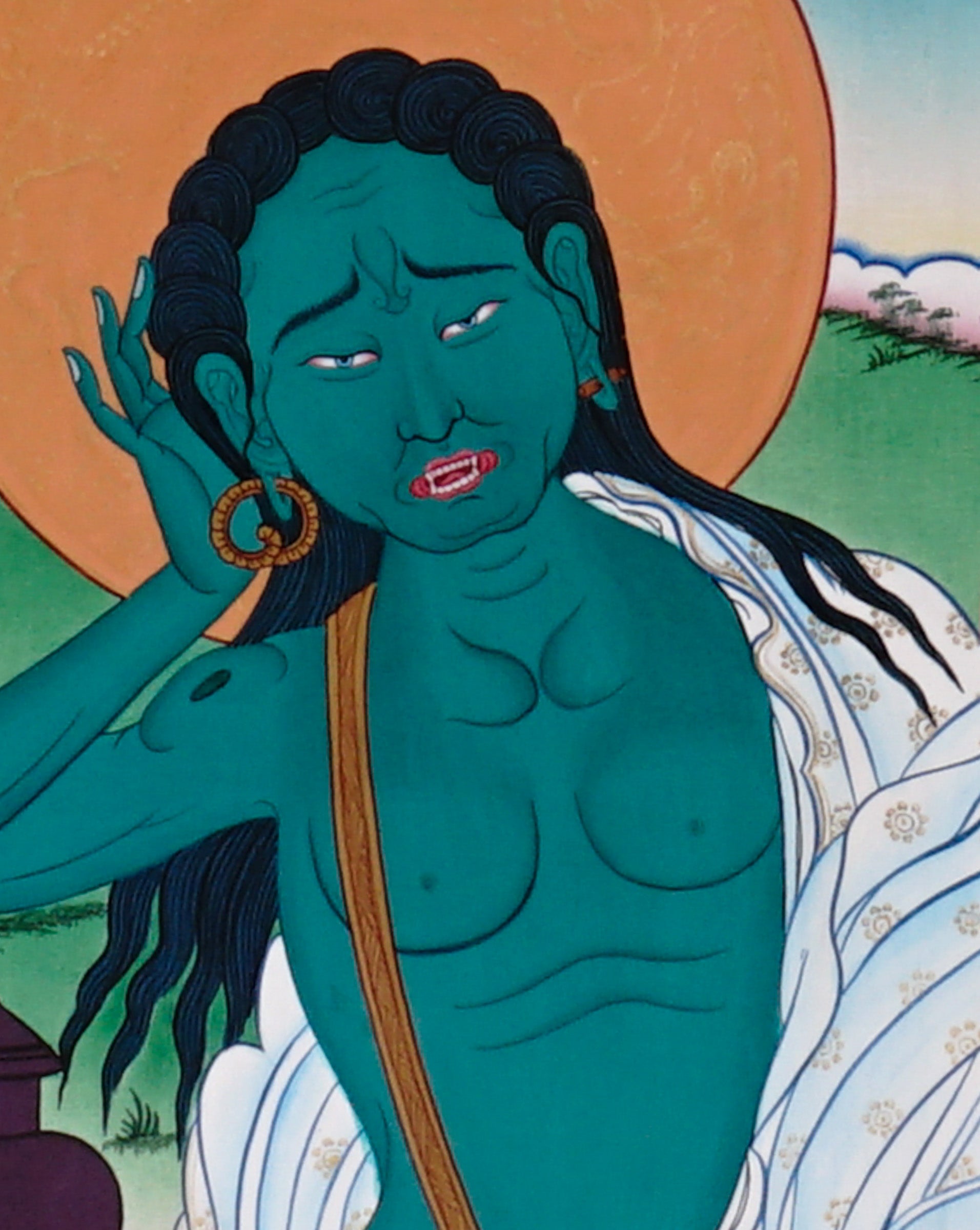 Milarepa thangka hand-painted Tibetan Buddhist yogi seated on deer skin in listening posture Himalayan landscape