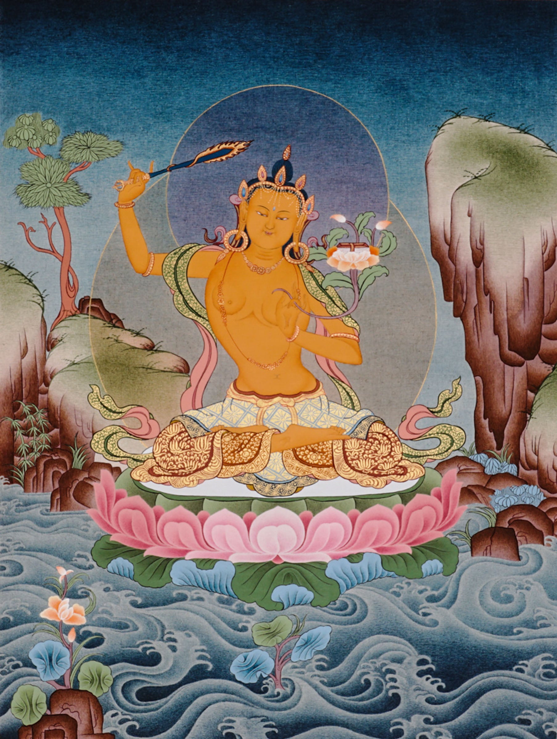 Manjushree Bodhisattva seated on a pink lotus above flowing water, holding flaming wisdom sword and sacred scripture lotus.