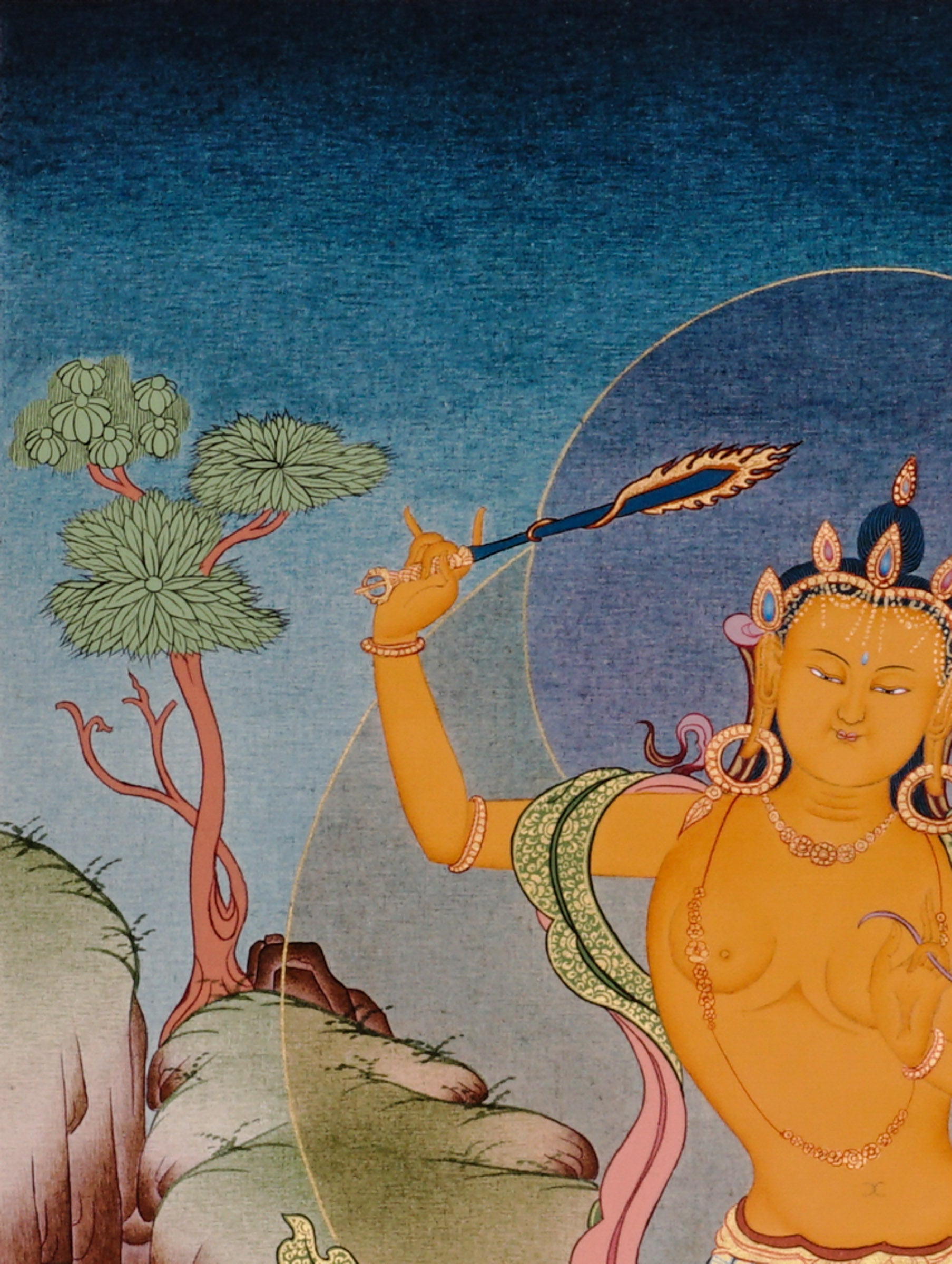 Manjushree Bodhisattva seated on a pink lotus above flowing water, holding flaming wisdom sword and sacred scripture lotus.