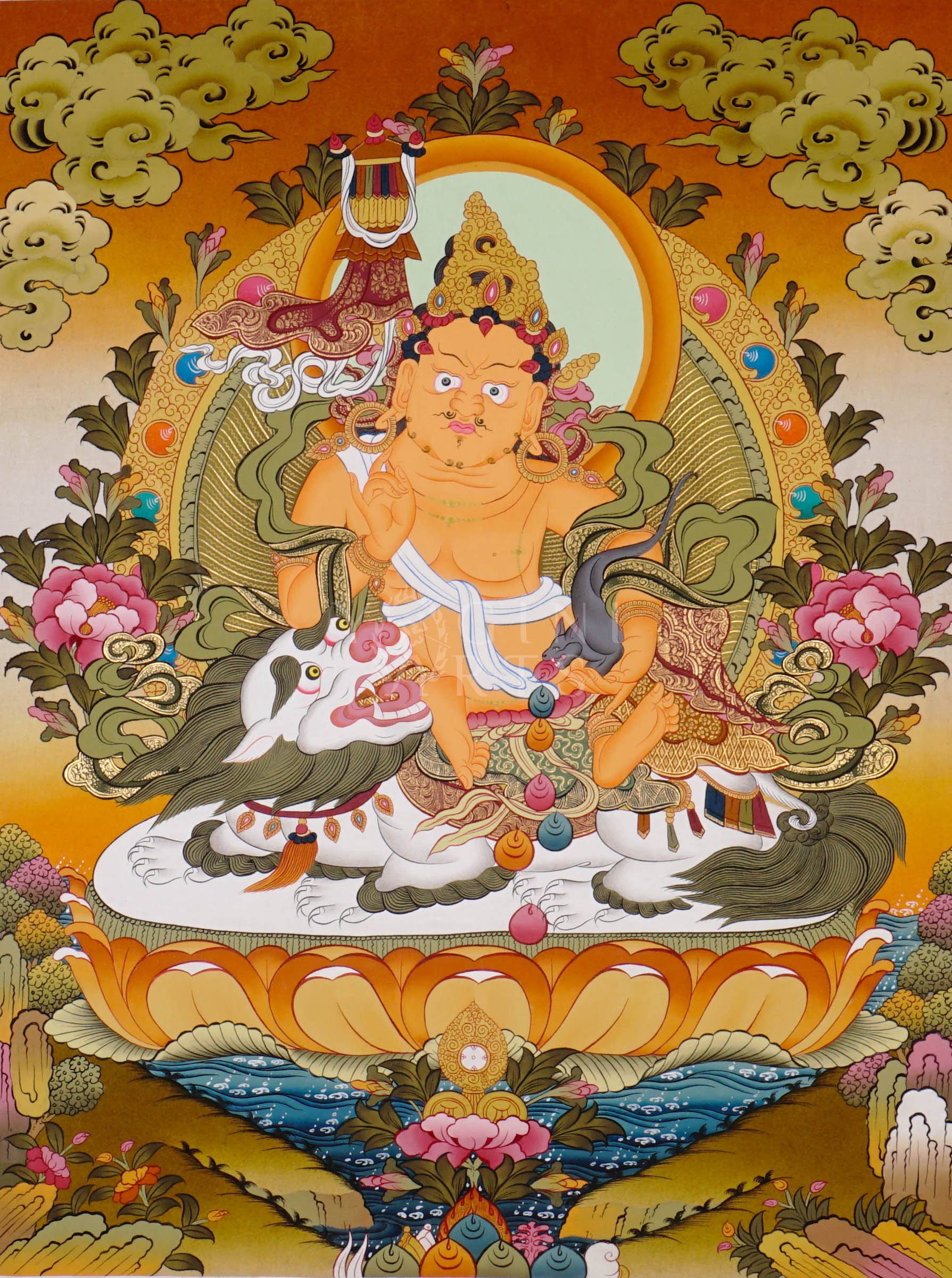 Singh Zambhala thangka depicting the Buddhist wealth deity riding a snow lion and holding a mongoose releasing jewels.
