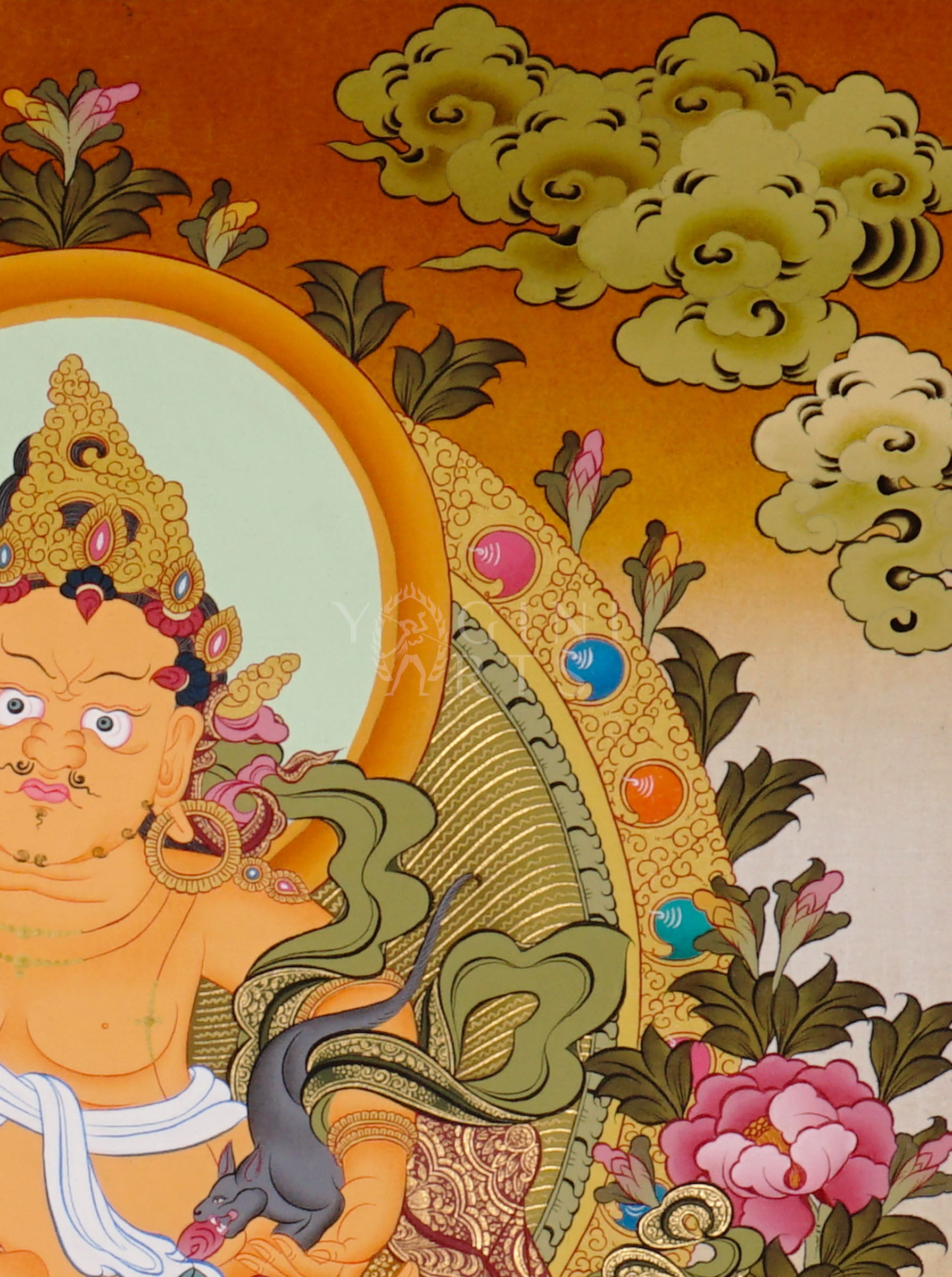 Singh Zambhala thangka depicting the Buddhist wealth deity riding a snow lion and holding a mongoose releasing jewels.